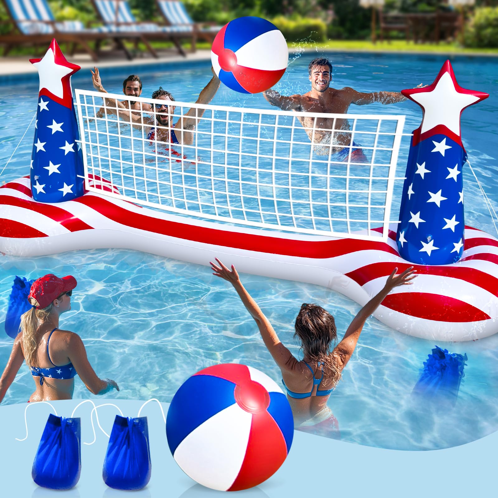 Grande galleggiante gonfiabile per piscina con pallone da spiaggia da 22,3 cm, 2 sacchi per pesi e bandiera americana, giocattolo galleggiante per adulti e bambini, perfetto per feste