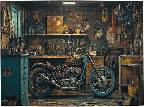 Vintage Motorcycle Garage Puzzles for Adults 500 Pieces, American-Style Motorcycle Styles Adult Wooden Jigsaw Puzzle, Wonderful Imagination, for Relaxation and Display for Puzzle Lovers