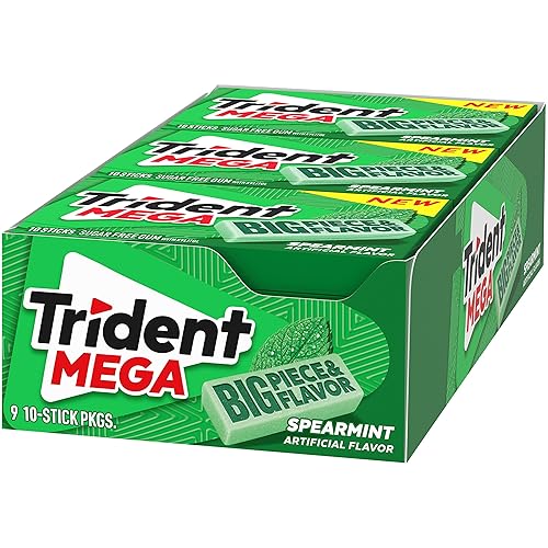 Vista 12 de Trident Mega Spearmint - Goma de mascar sin azúcar, 9 paquetes de 10 unidades (90 unidades en total), 10 unidades (paquete de 9)