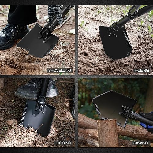 Miniatura 7 de REDCAMP Pala plegable de supervivencia de 23 pulgadas con cubierta, pala táctica de acero al manganeso resistente con mango de tres pliegues para