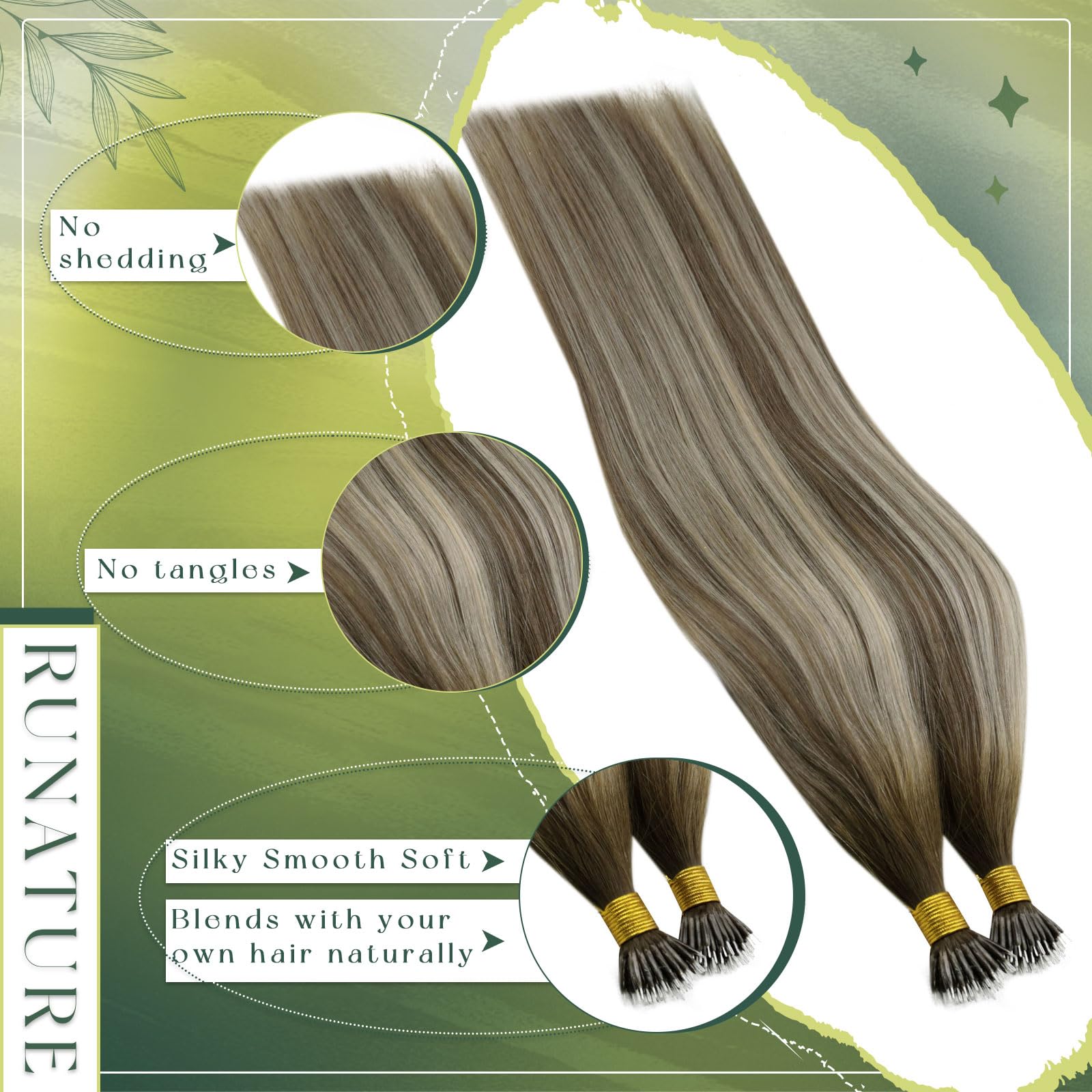 RUNATURE 22 Inch Nano Hair Extensions Real Human Hair Brown Nano Beads Hair Extensions Human Hair Balayage Light Brown to Medium Blonde Invisible Nano Rings Straight Remy Hair 50g 50s #3/8/22 - Image 4