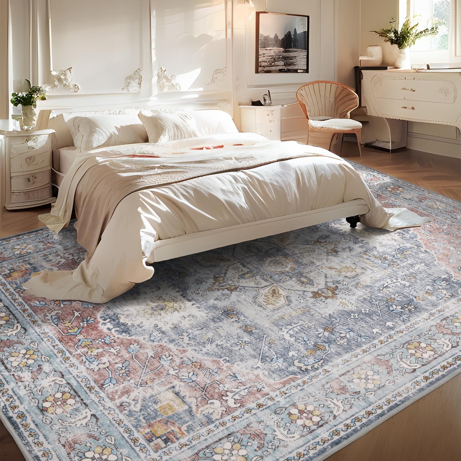 Pink Slate Blue Washable 5x7 Area Rugs for Living Room Rug Bedroom Rug-Carpet Vintage Traditional Dining Room Rugs Office Soft Comfortable Non Slip Pink 5' x 7' (Rectangular)