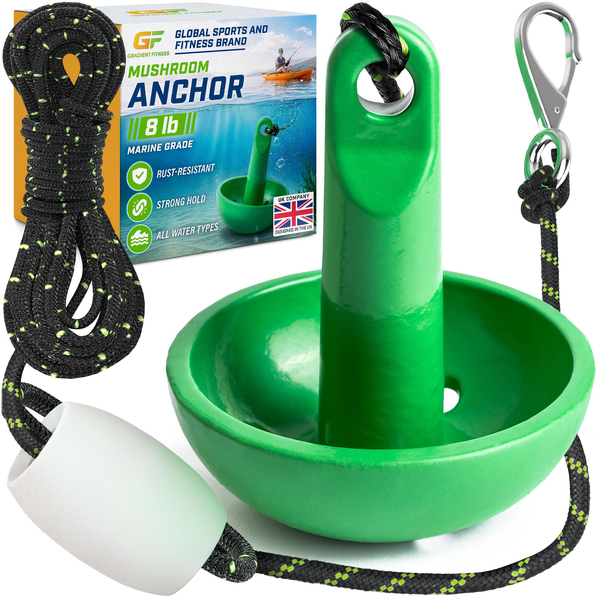 3.6 kg Mushroom Boat Anchor with 7.6 m Rope & Buoy - Green - Marine Anchor Kit for Kayak, Paddle Board, Canoe, Jetski, SUP, Pontoon, Small Boats & Rafts - Anchoring Accessories - by Gradient Fitness