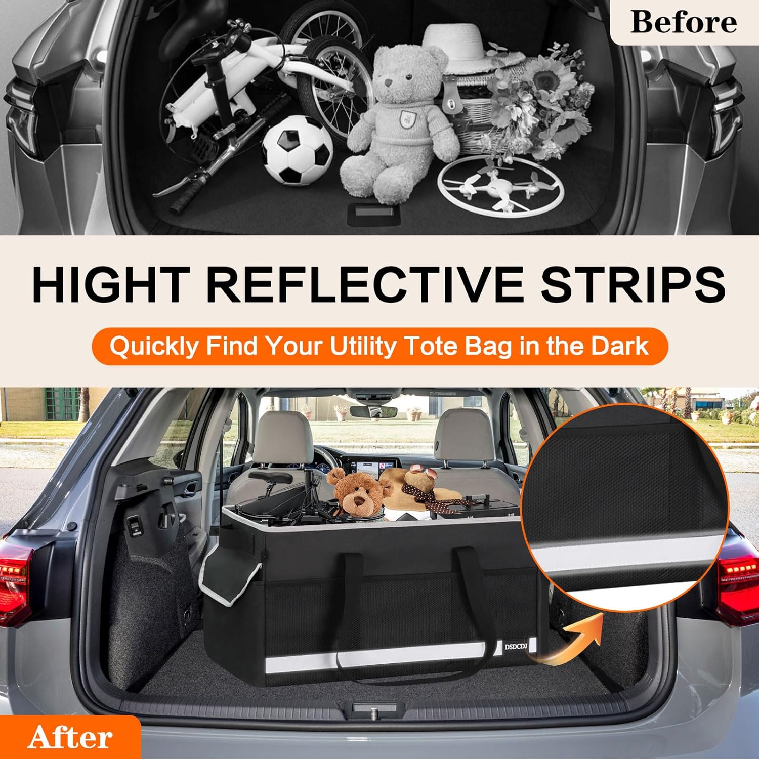 Upgrade Extra Large Utility Tote Bag with Reflective Strip, Standing Reusable Grocery Bags with Hard Bottom & 4 Sided Reinforced, Collapsible Utility Tote with Handles for Shopping, Beach, Car | Standing - Image 3