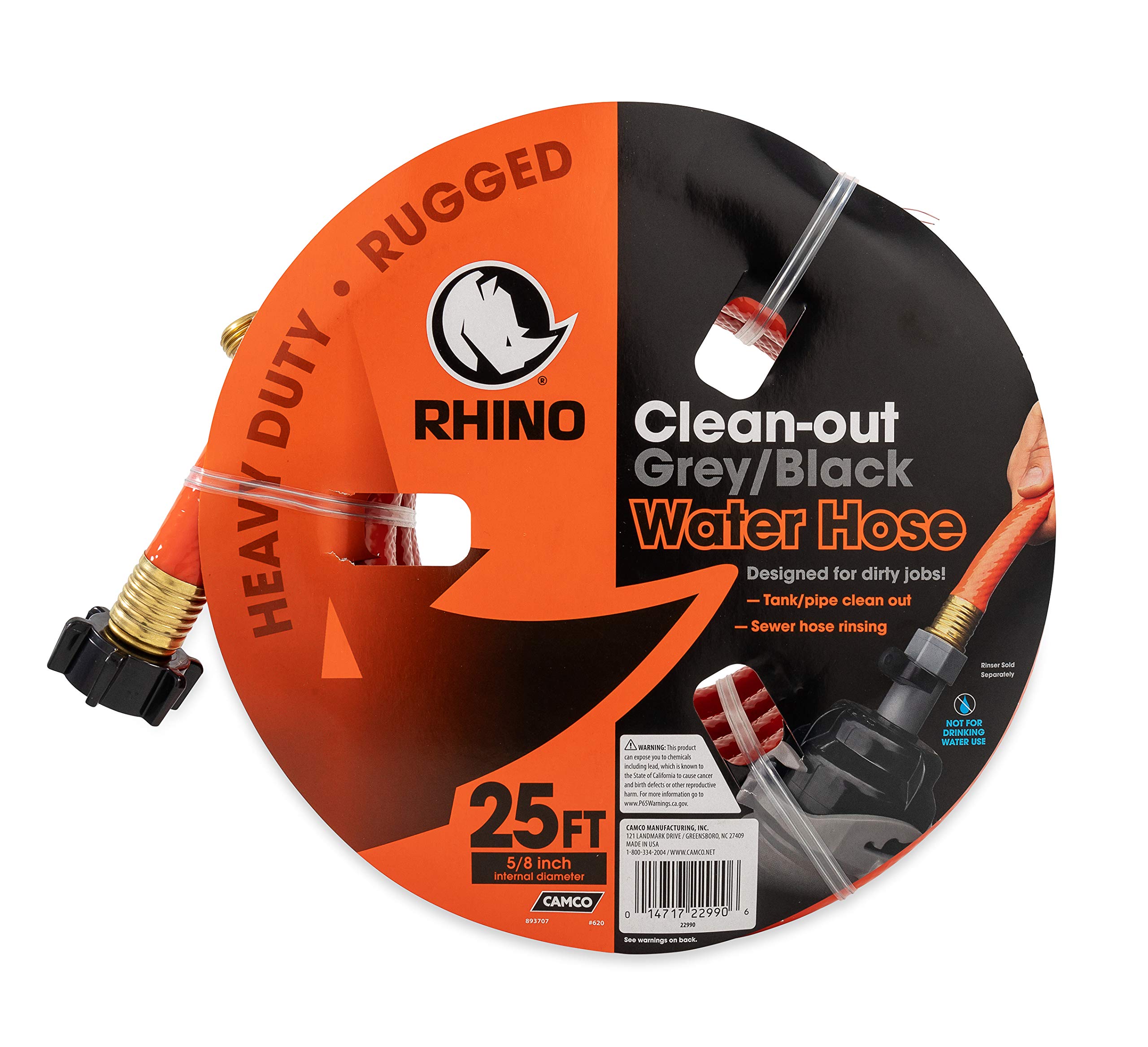 Camco 22990 25ft RhinoFLEX 5/8" ID Gray/Black Water Tank Clean Out Hose