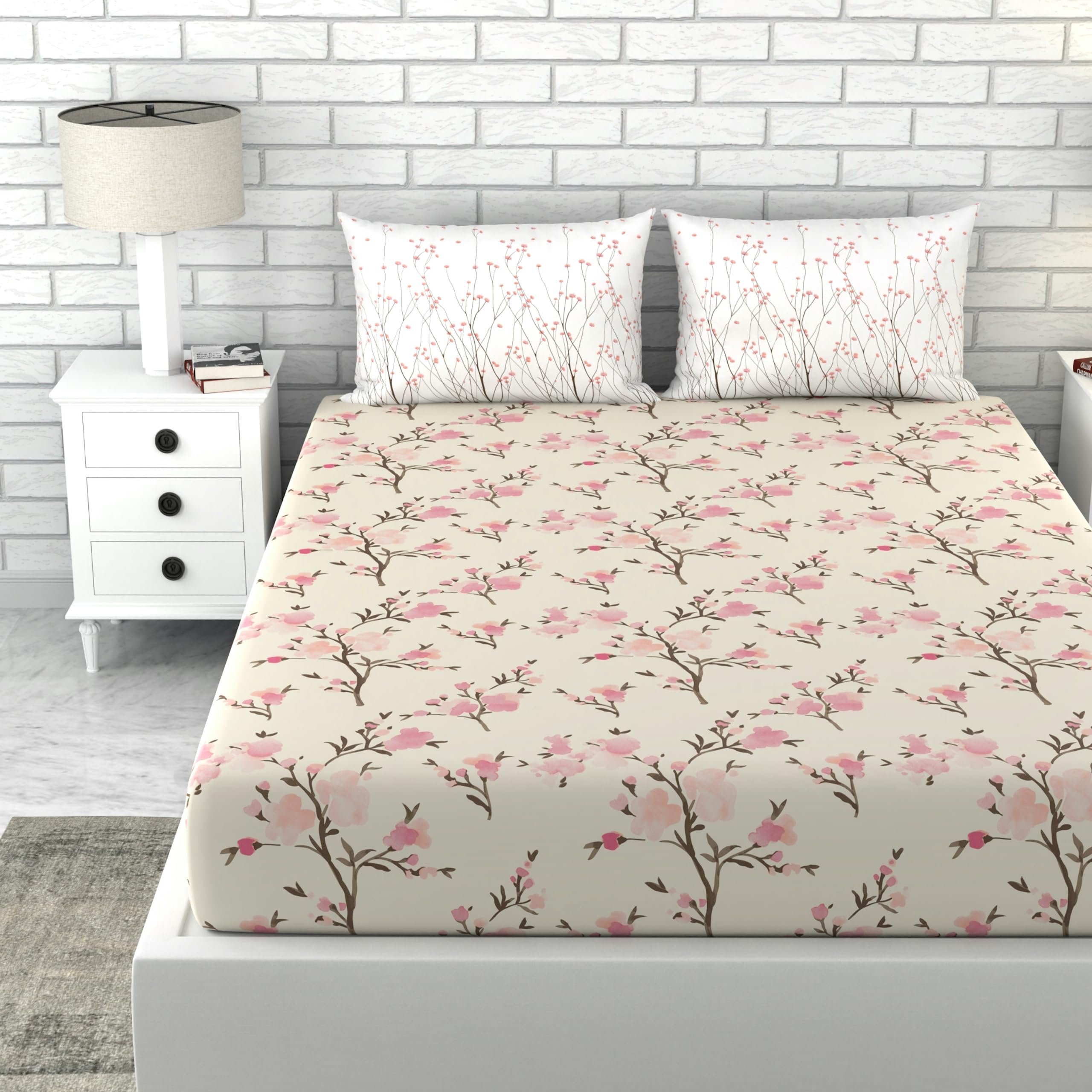 LORETO - A QUALITY LINEN BRAND 100% Cotton Bedsheet for Double Bed, 1 Double Bedsheet with 2 Pillow Covers | 186 TC Queen Size Double Bedsheet Cotton, Blush Pink Floral Branch on Cream Base