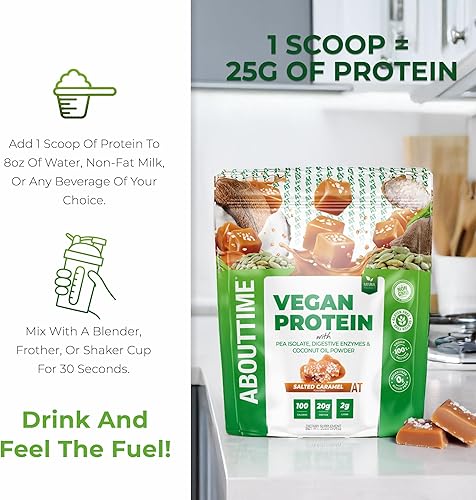 Miniatura 6 de About Time Proteína vegana en polvo de 0.71 oz de caramelo salado, ingredientes naturales, sin OMG, a base de plantas, sin gluten, sin soja, sin