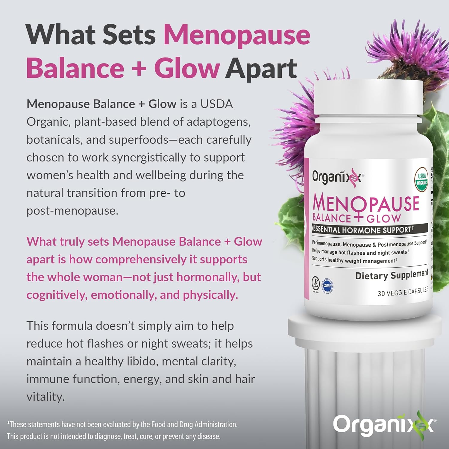 Organixx Menopause Balance + Glow, Womens Supplement with Ashwagandha, Reishi Mushroom, and Milk Thistle, Plant Based Adaptogens and Superfood Blend, Dairy, Soy & Gluten Free, Non GMO, 30 Capsules - Image 2