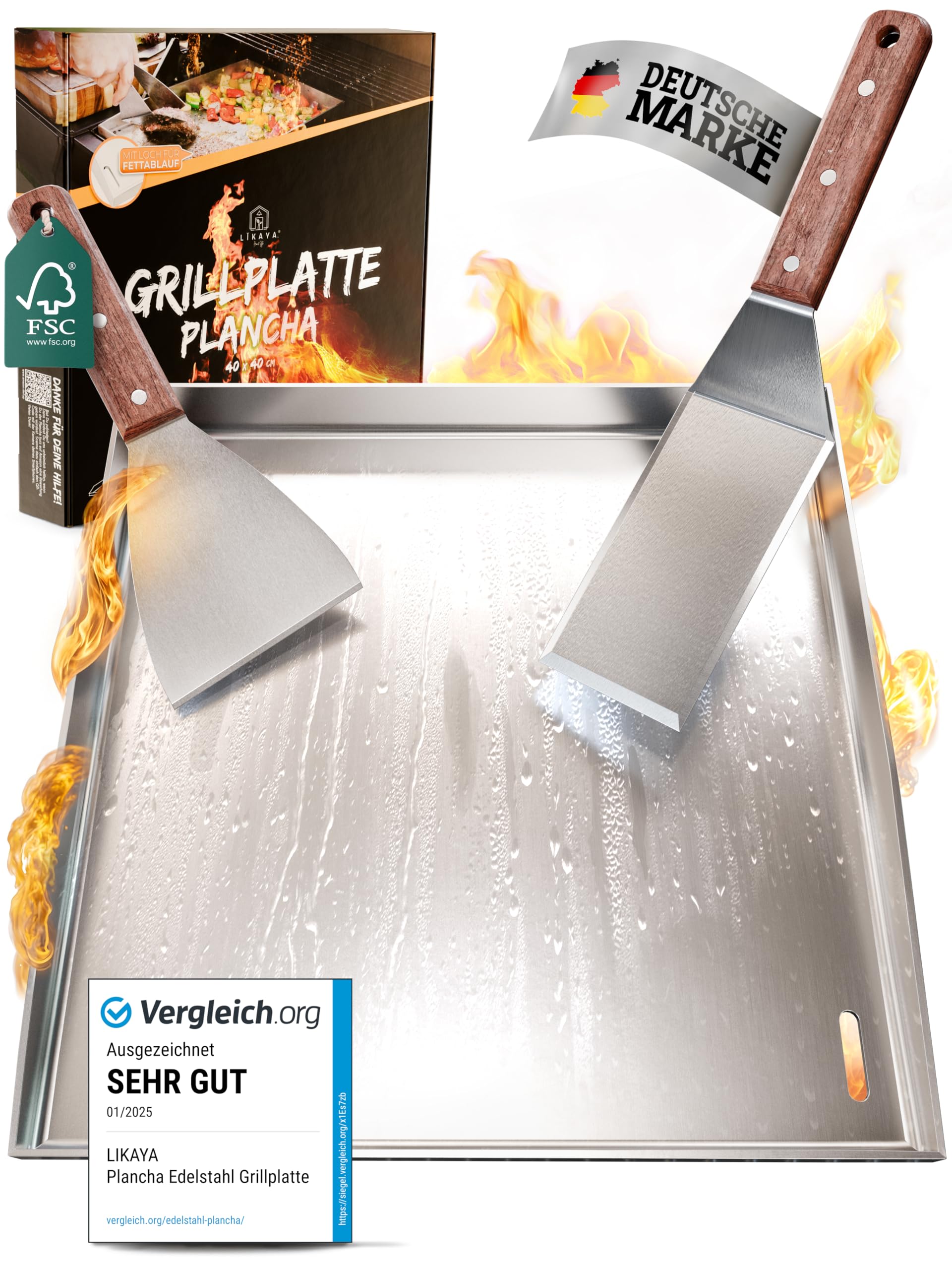 Plancha - Piastra per barbecue [40 x 40 cm), con 2 spatole con manico in legno di acacia FSC, accessori per barbecue, in acciaio inox, senza deformazioni, griglia a gas Plancha, angoli chiusi senza