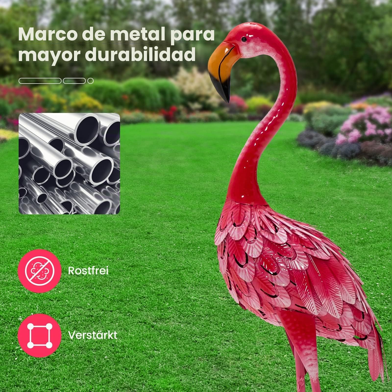 RELAX4LIFE Estatua de Jardín de Flamencos de 2 Unidades, Escultura Metálica de Flamenco Resistente al Óxido para Jardín, Balcón,Terraza, Patio Trasero, 27x20x89cm