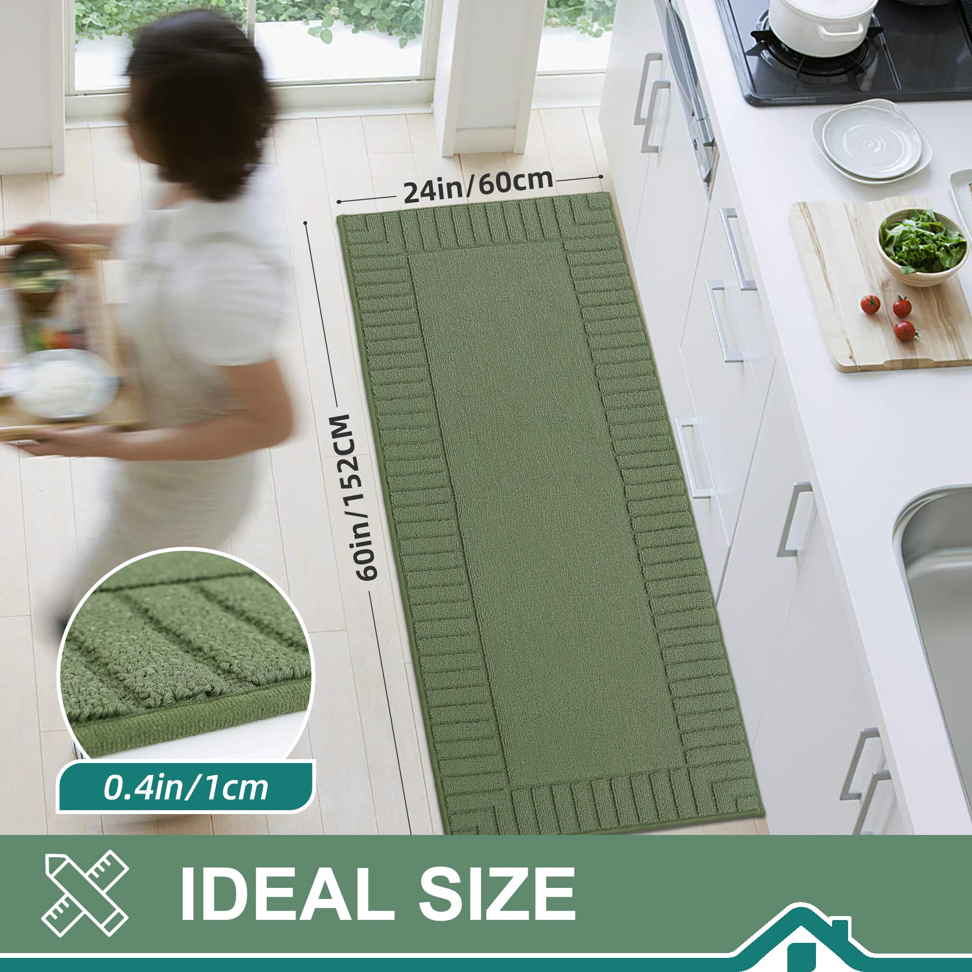 BEQHAUSE Kitchen Rugs Washable Kitchen Mats Floor Non-Slip Kitchen Mats Absorbent Kitchen Runner with TPR Non Skid Backing 60X152cm Green - Image 2