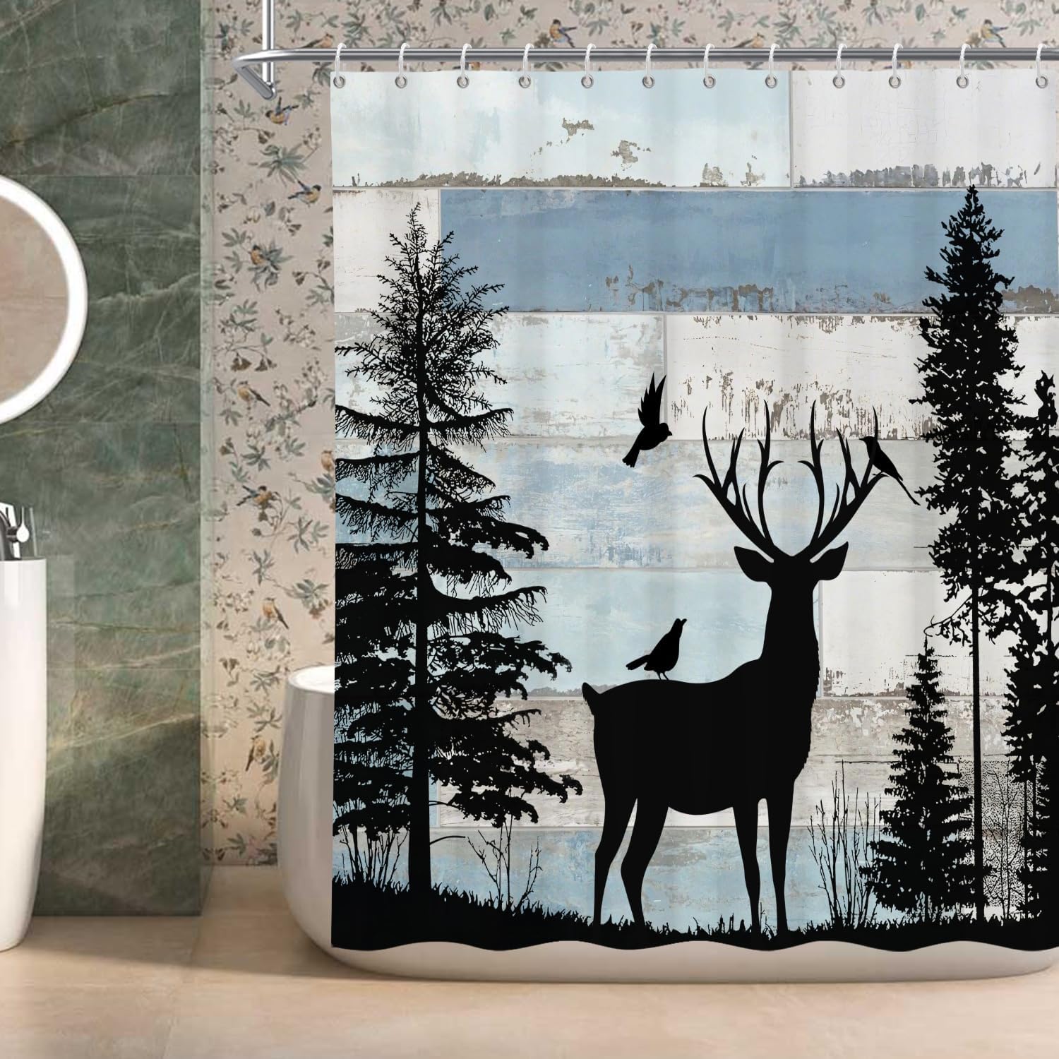 Rustic Deer Shower Curtain Country Lodge Camo Bird Camper Shower Curtain Set Forest Farmhouse Cabin Bathroom Shower Curtains Polyester Fabric 72x84 in with 12 Hooks