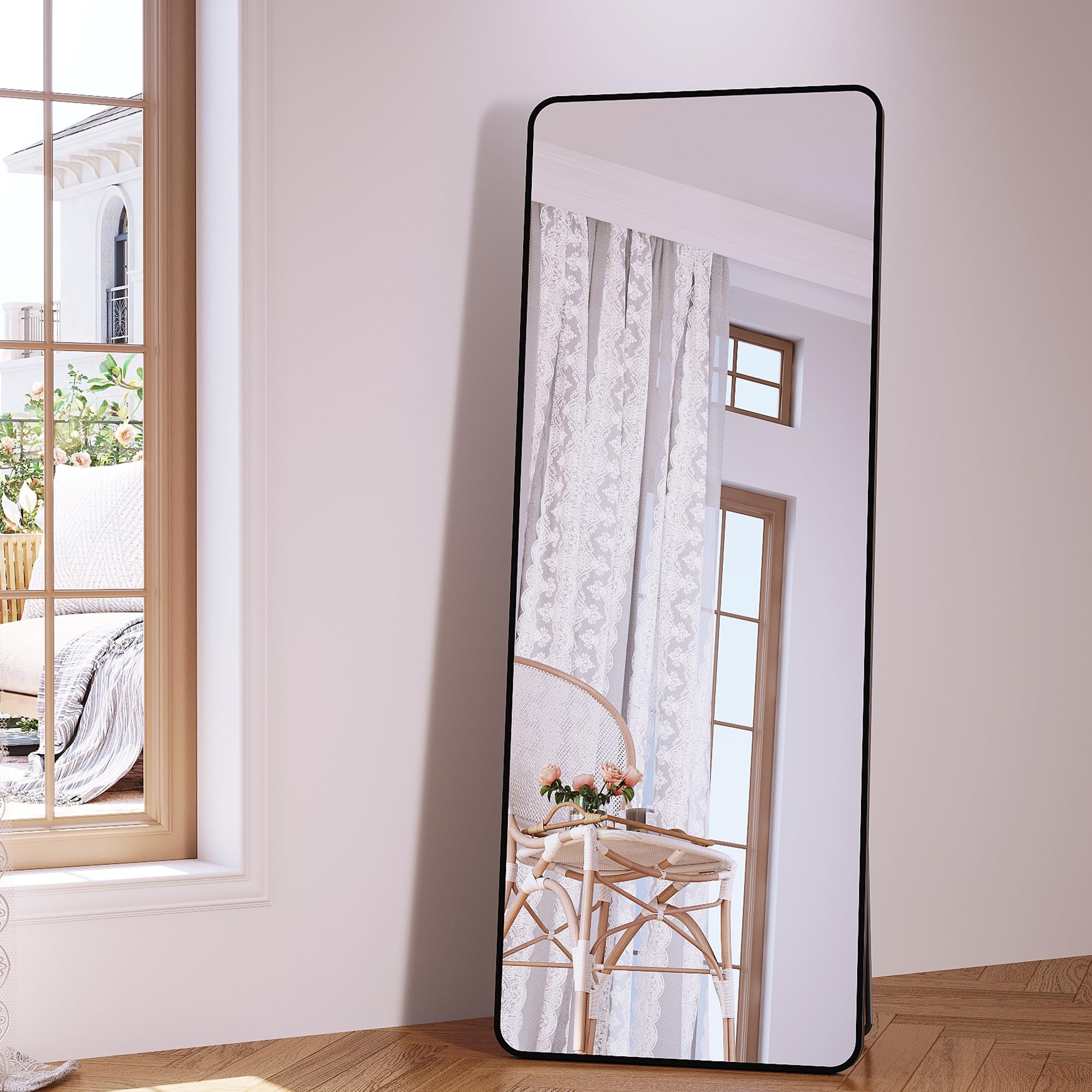 SONNI Ganzkörperspiegel 160 x60 cm mit Aluminium Rahmen - Schwarz, HD Spiegelglas, Wandmontage/Standfuß (kippsicher), Rechteckig Standspiegel für Schlafzimmer, Flur, Eingangsbereich