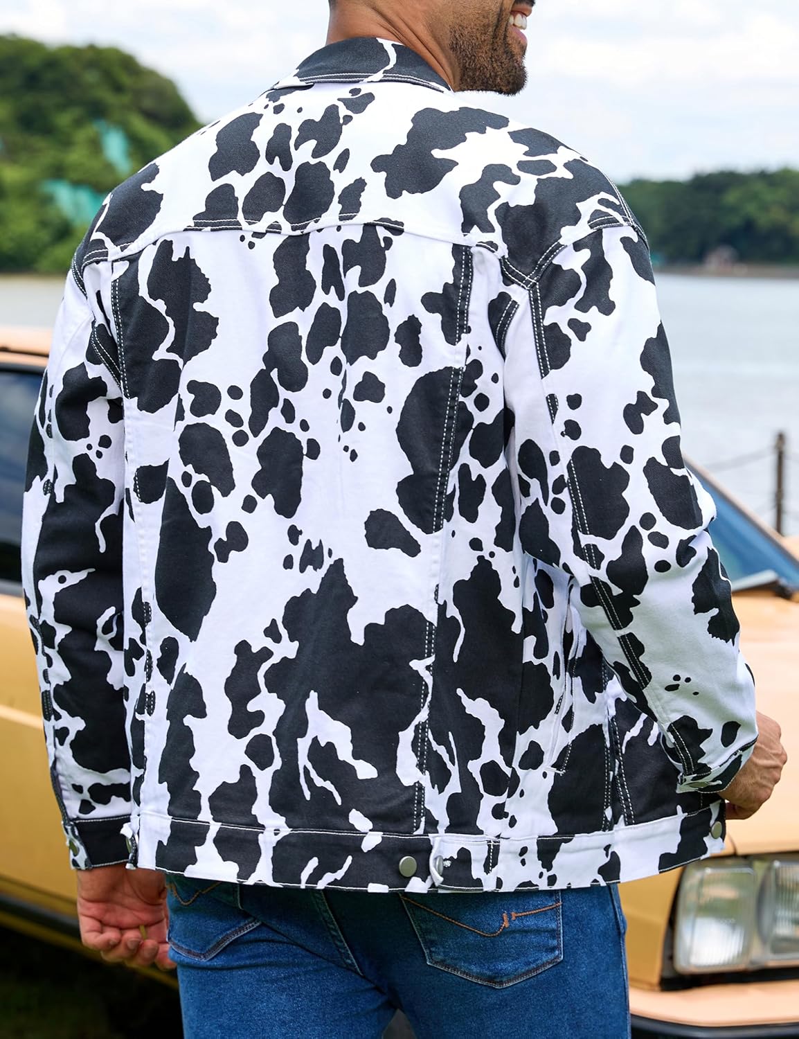 Cow Print Trucker Jacket for Men Western Cowboy Unlined Coats Cute Animal Tops Holiday Gifts - Image 2