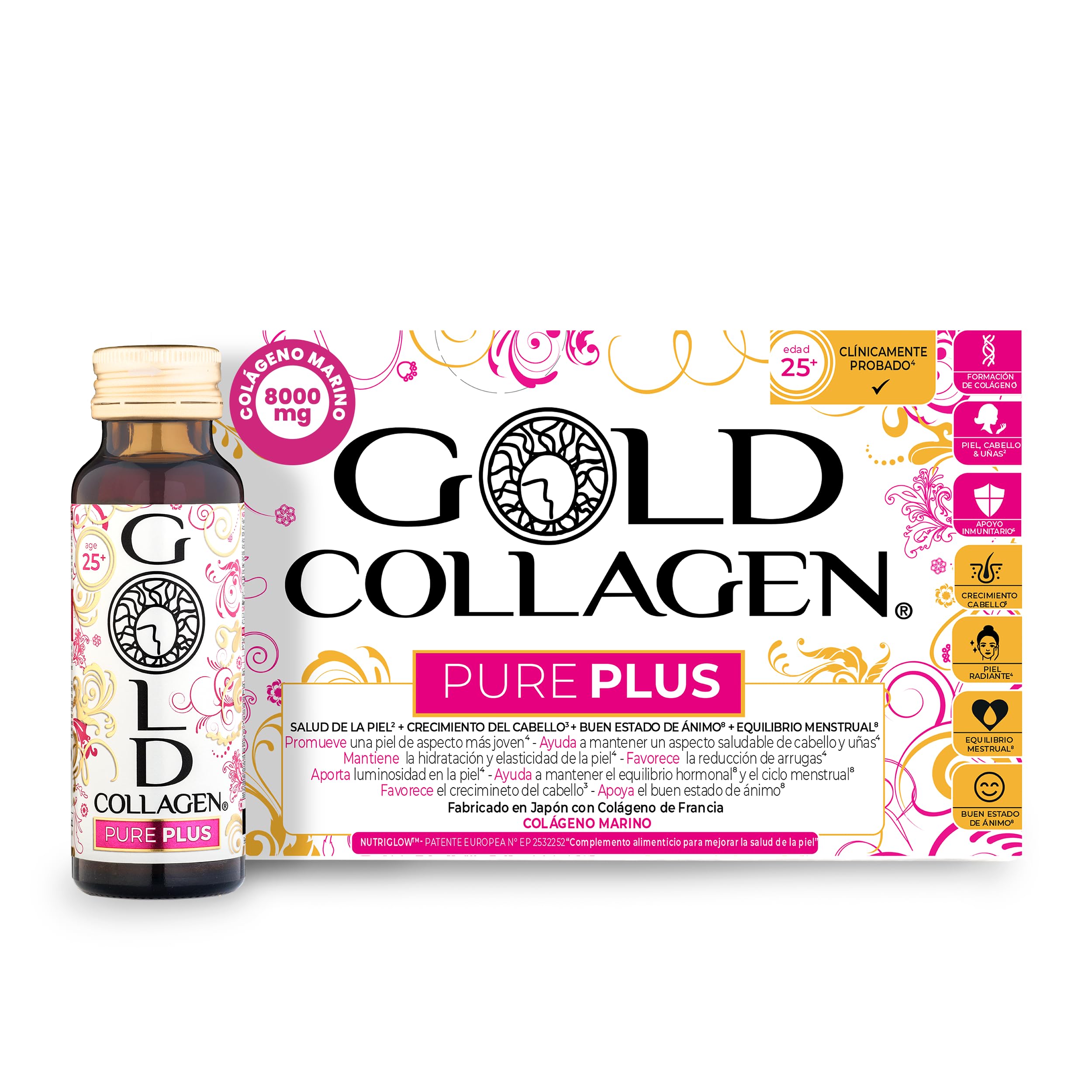 GOLD COLLAGEN New Pure Plus Complemento con 8g Colágeno Marino Hidrolizado, Biotina para Cabello Piel y Uñas, 10 Botellitas 50ml