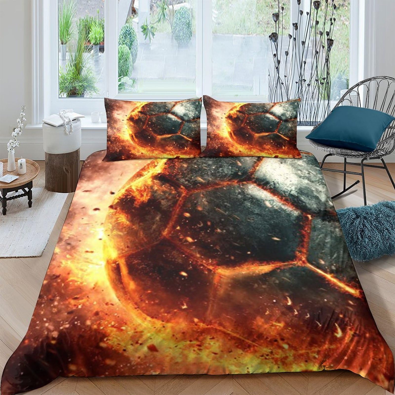 Ctjqhvkz Style-10 3D Printed Fire Soccer Fitted Sheet Microfiber Soft Vibrant Lava Football Bed Cover For Bedroom Guest Room Mattress Decor Single（135X200cm）
