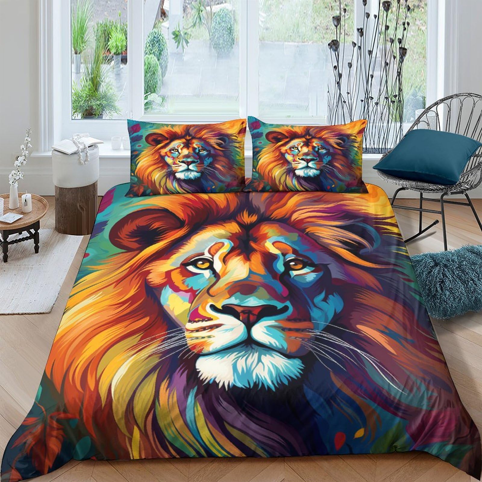 Housse de couette microfibre lion parure de lit animal 3D 220x240cm avec taie d'oreiller