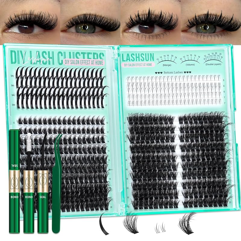 Kit LASHSUN de cílios em tufos 3D com comprimentos mistos de 12 a 20 mm, 500 unidades, Bond & Seal e pinça