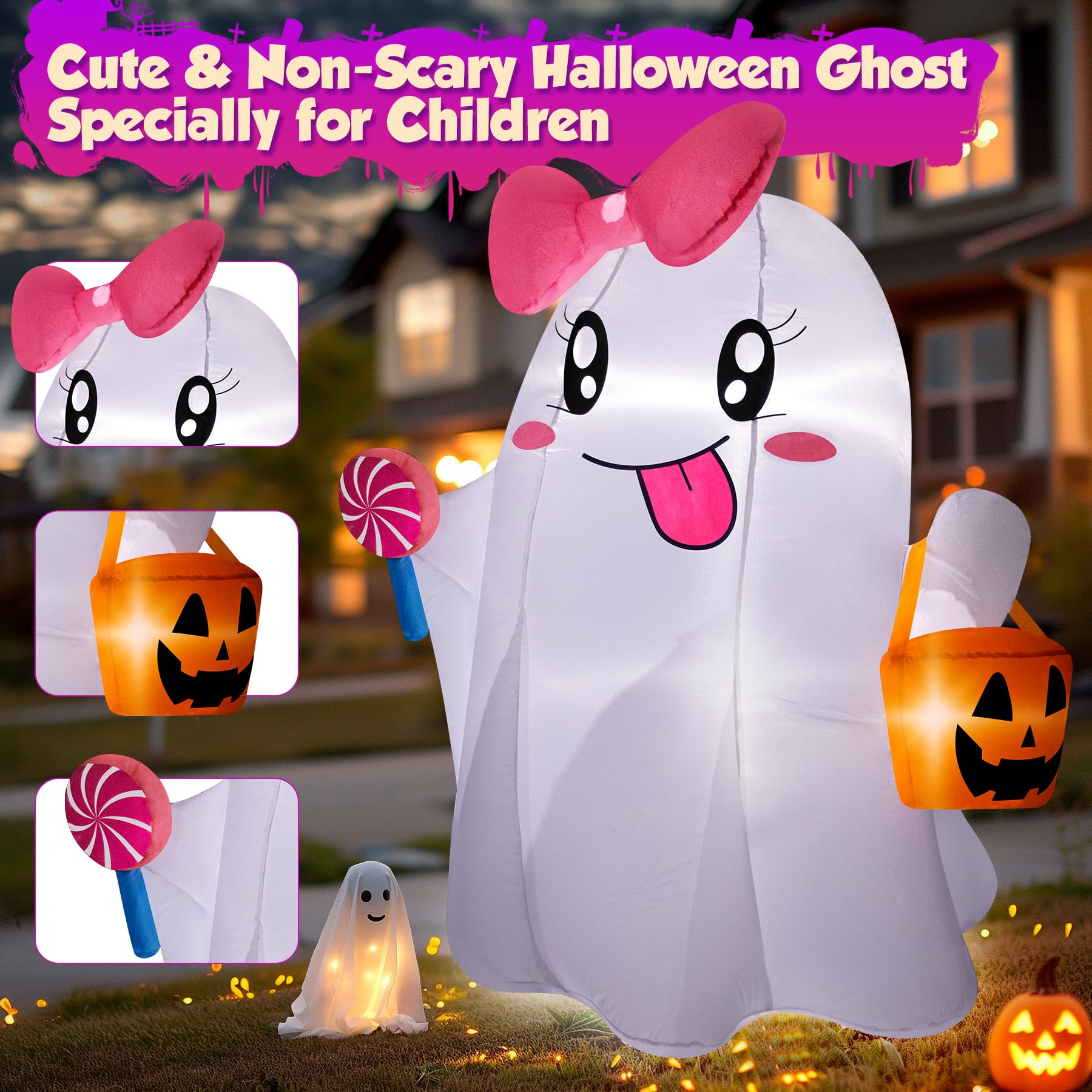 zukakii 5FT Halloween Inflatables Ghost, Cute Halloween Decorations Outdoor Blow Up Yard Decorations with Built-in Bright LED Lights Pumpkin Lollipop Bow Blow-ups for Indoor Outdoor Holiday Party