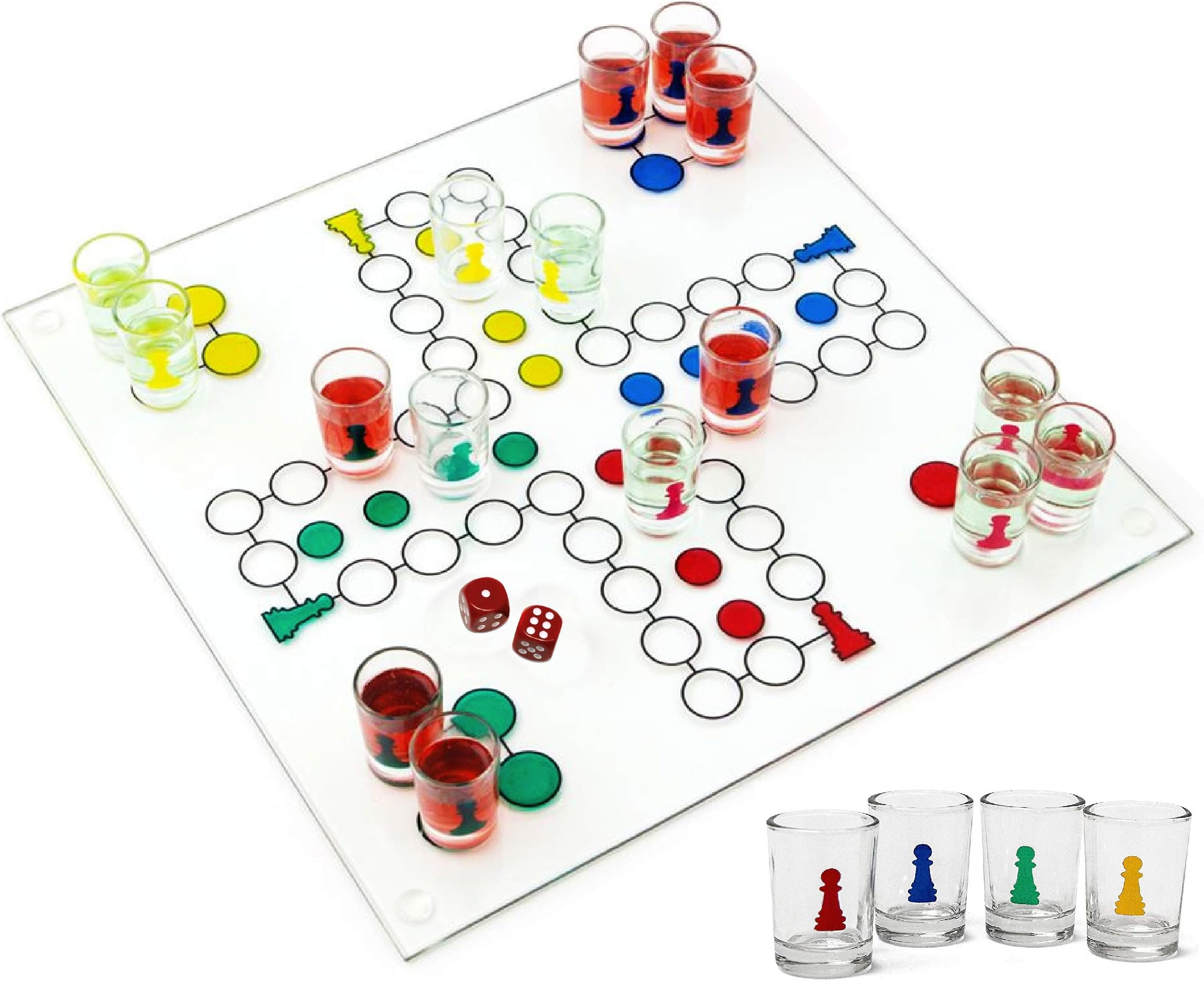 Ludo Drinking Game (Parcheesi) with 16 Shot Glasses, 2 Dice & Glass Game Board