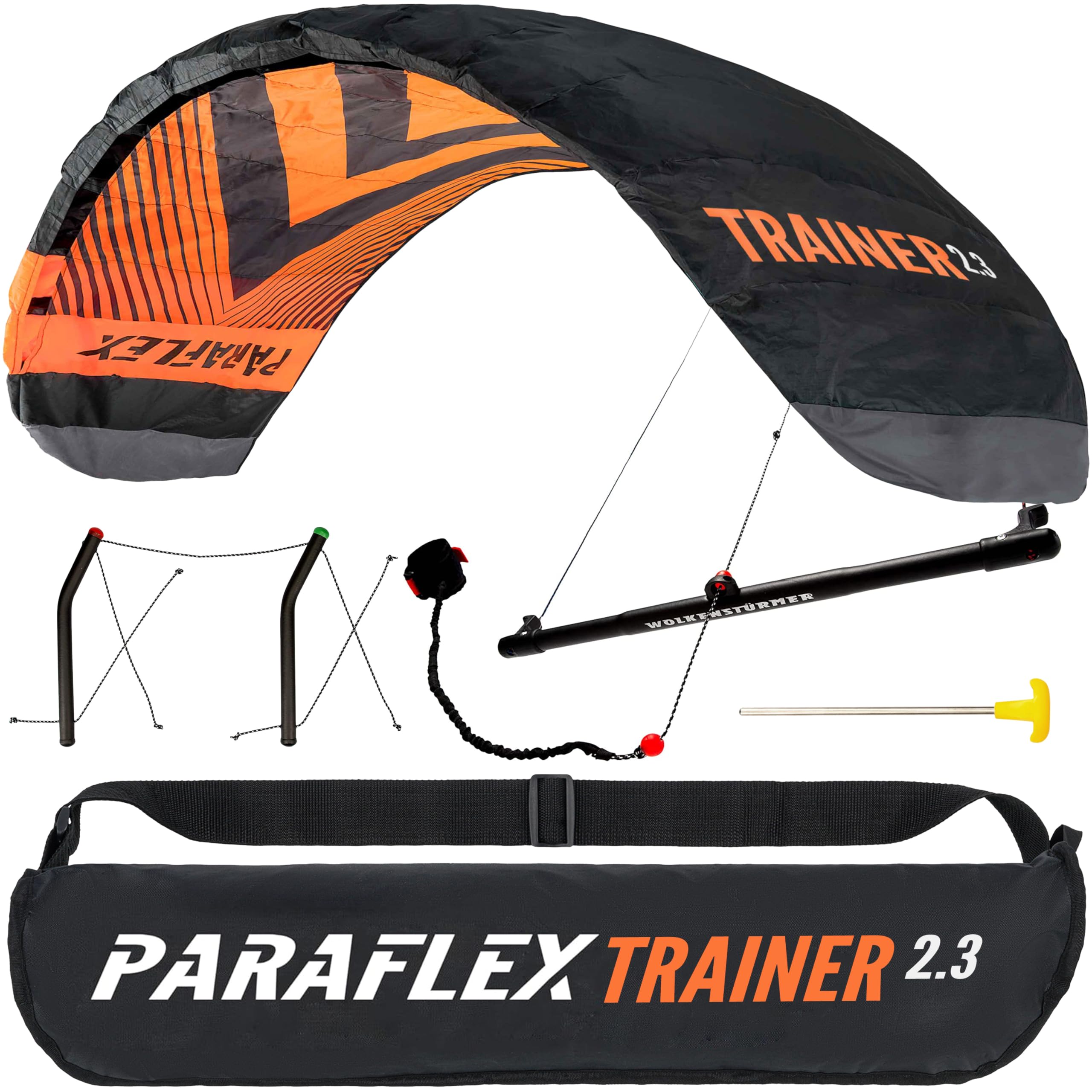 Wolkenstürmer Paraflex Trainer 2.3 - Ala de Kitesurf - Negro/Naranja - 3 líneas de cometa como complemento Mountain Board - Ala de tracción