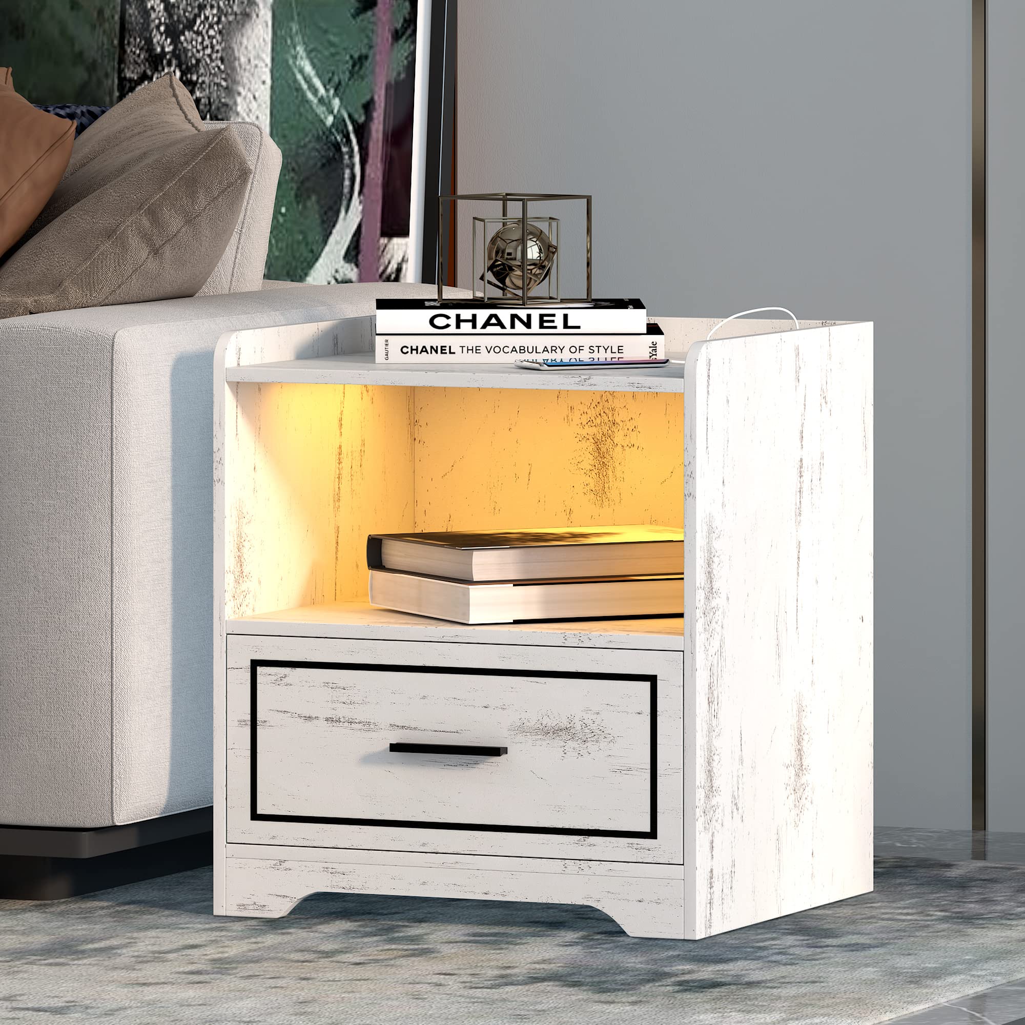 dnbss nightstand with Drawer,Bed Side Table with Charging Station
