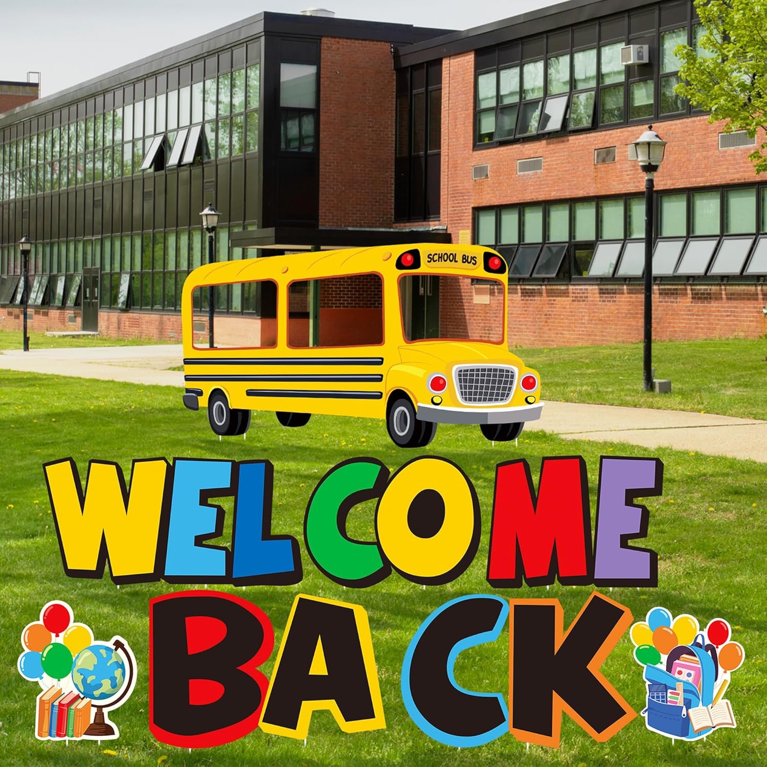 Extra Large Back to School Yard Signs with Stakes Welcome Back to School Decoration School Bus Photo Props First Day of School Lawn Cards Outdoor Garden Party Decorations, 8 Pieces
