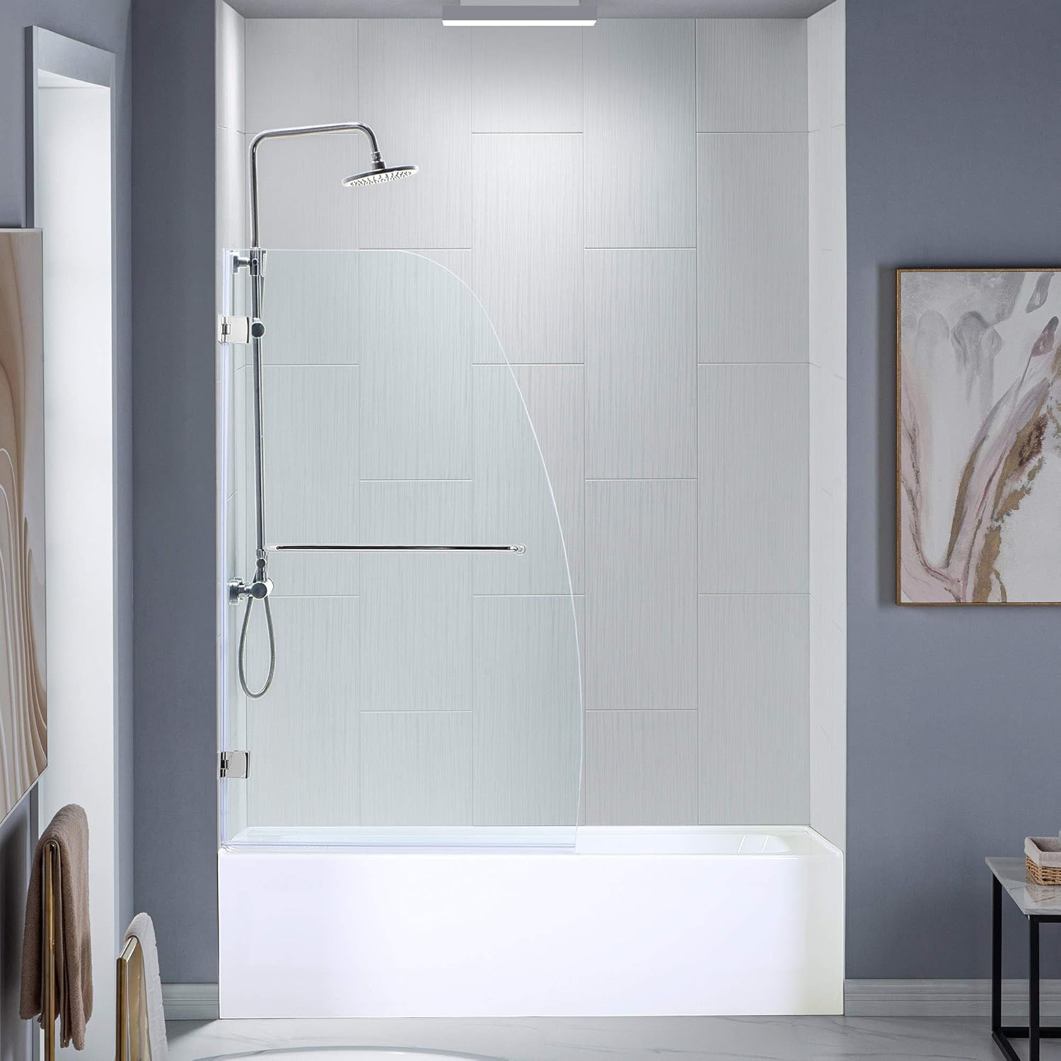 Woodbridge MTDB3458 -B, Frameless Hinged Bathtub Shower Door, 5/16" Tempered Glass Panel, 49" W x 58" H Tub Glass Door in Brushed Nickel Finish, Include Support Bar
