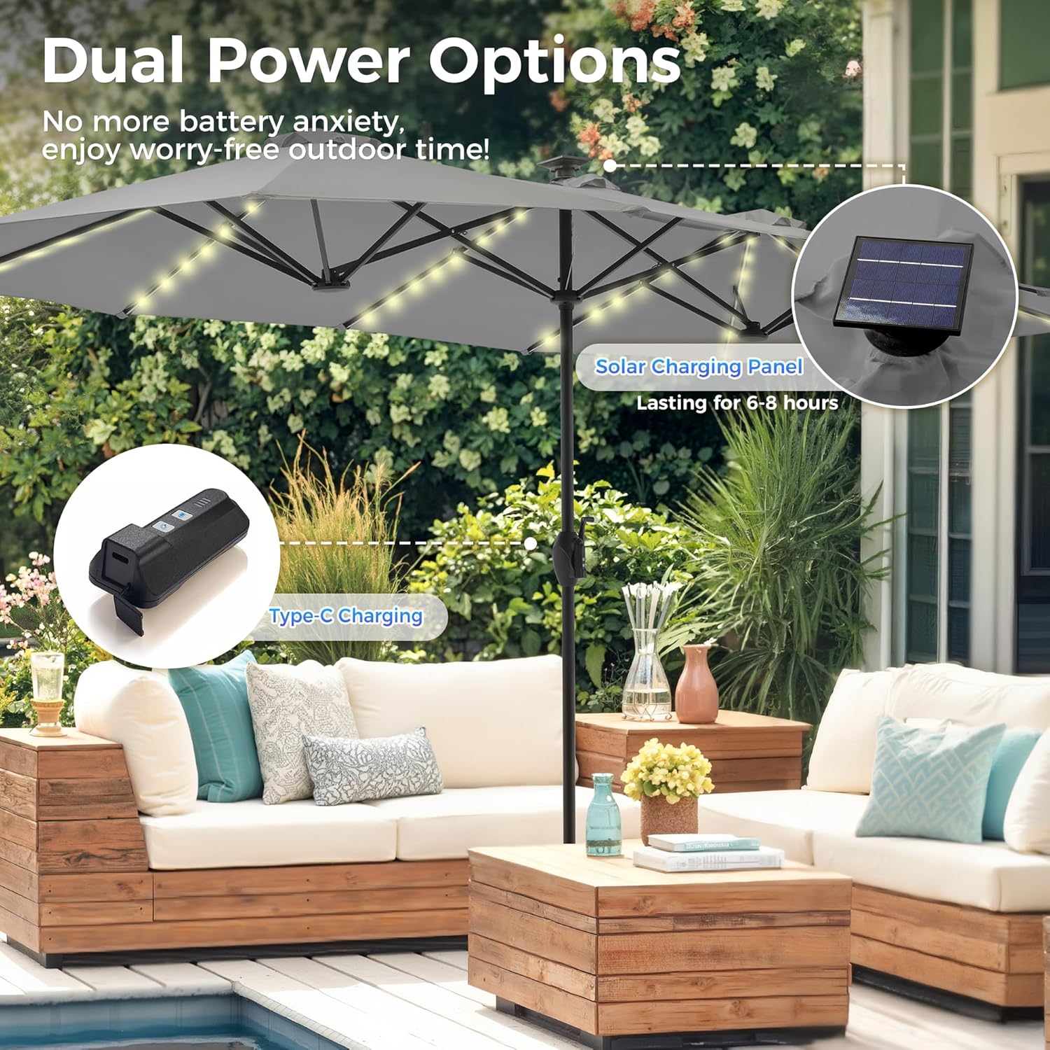 SUPERJARE 13ft Outdoor Patio Umbrella with Solar Lights, Double-sided Deck Pool Umbrella with 1.5 Inch Pole, Fade Resistant Canopy, 12 Sturdy Ribs, for Porch, Market, Backyard, Grey (No Base)