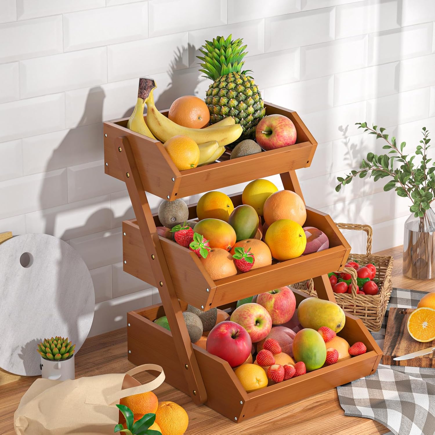 G.a HOMEFAVOR Fruit Basket for Kitchen, 3-Tier Fruit Bowl for Kitchen Counter, Vegetable Storage Stand for Fruit Shop, 15 mm Thickness, Brown