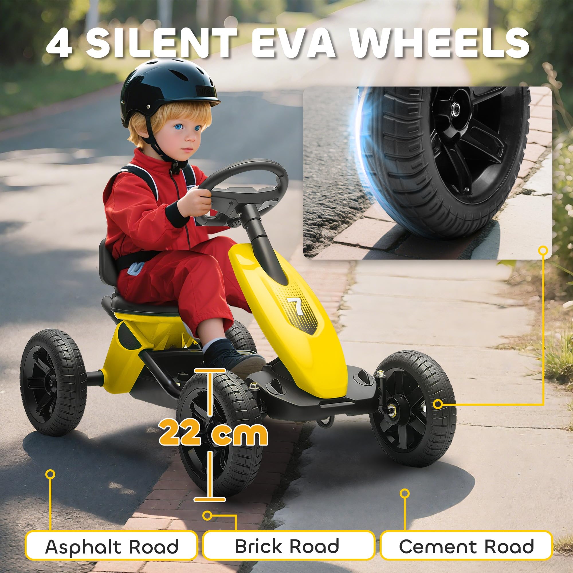 AIYAPLAY Go Kart a Pedales para niños, Coche de Carreras para niños con neumáticos EVA silenciosos, para 2-5 años, Amarillo