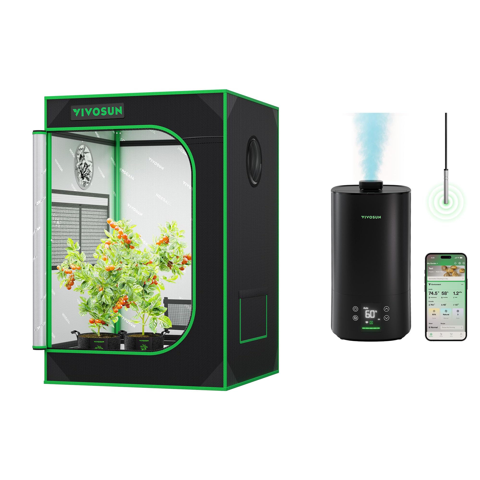 VIVOSUN S223 2x2 Grow Tent and AeroStream H05 Intelligent Wi-Fi Humidifier, 1.32 Gal / 5 L Humidifier with Temp & Humidity Probe, Smart Remote Control, Designed for Growers : Patio, Lawn