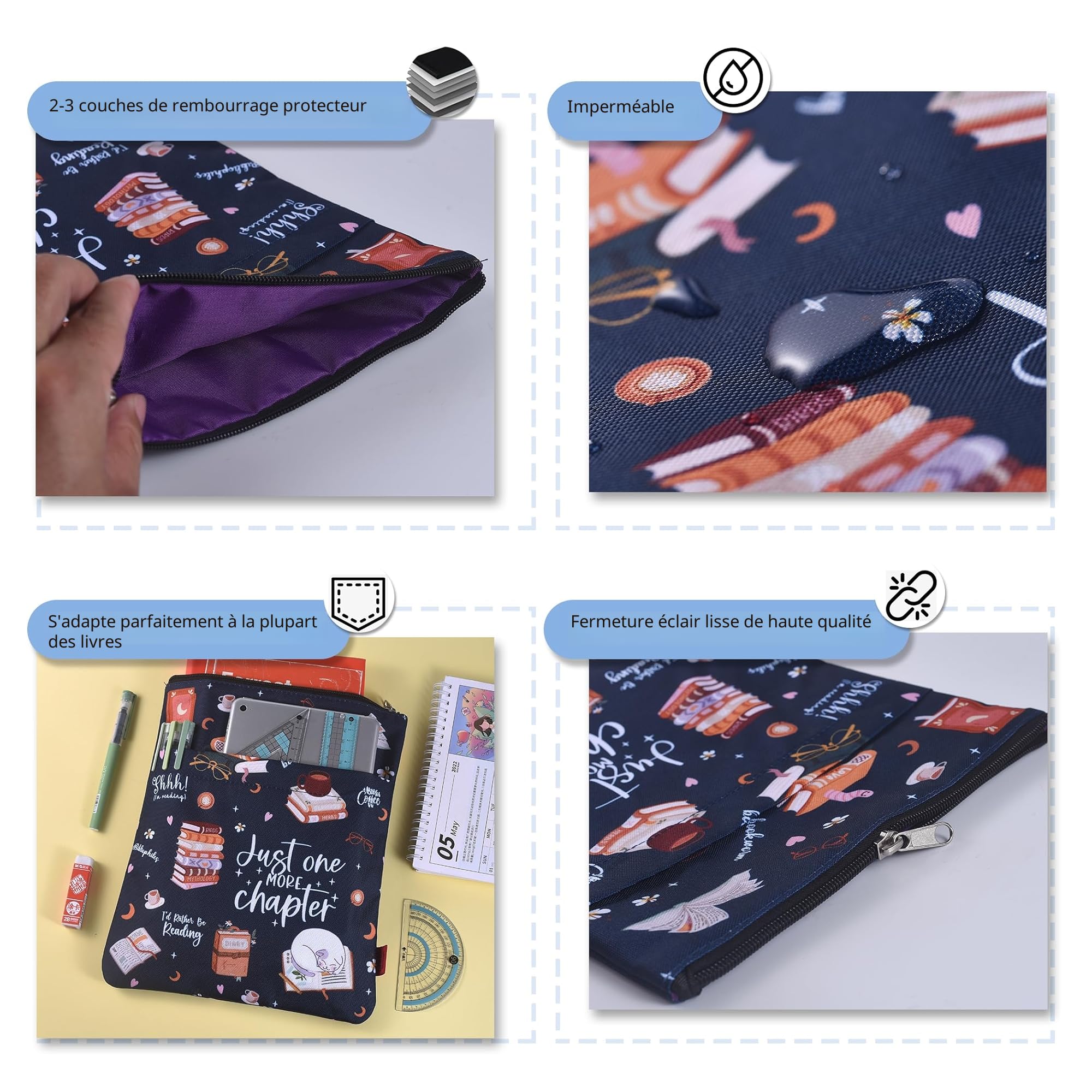 Pochette imperméable pour livre en toile 27,9 x 21,6 cm avec fermeture éclair et poche avant