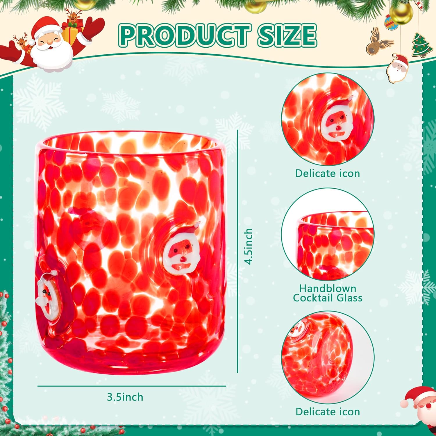 2 Pcs Christmas Icon Glass Cups Set-14 oz Santa Claus and Candy Canes Icon Wine Glasses Double Old Fashioned Icon Hand blown Cocktail Glasses Drinking Cups for Holiday Party Supplies and Lovely Gift - Image 2