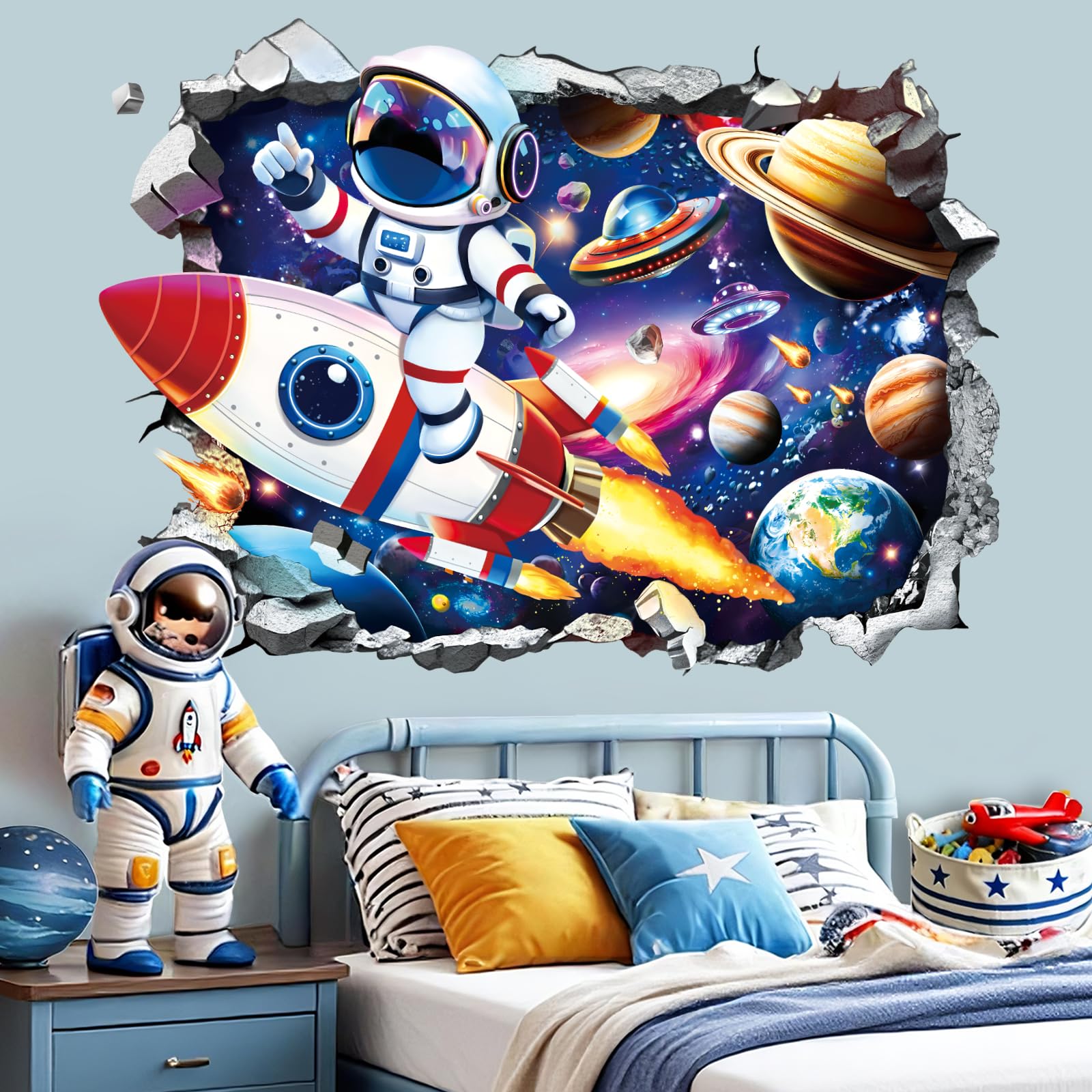 decalmile 3D Rocket Astronaut Crack Hole Outer Space Wall Decals Stickers