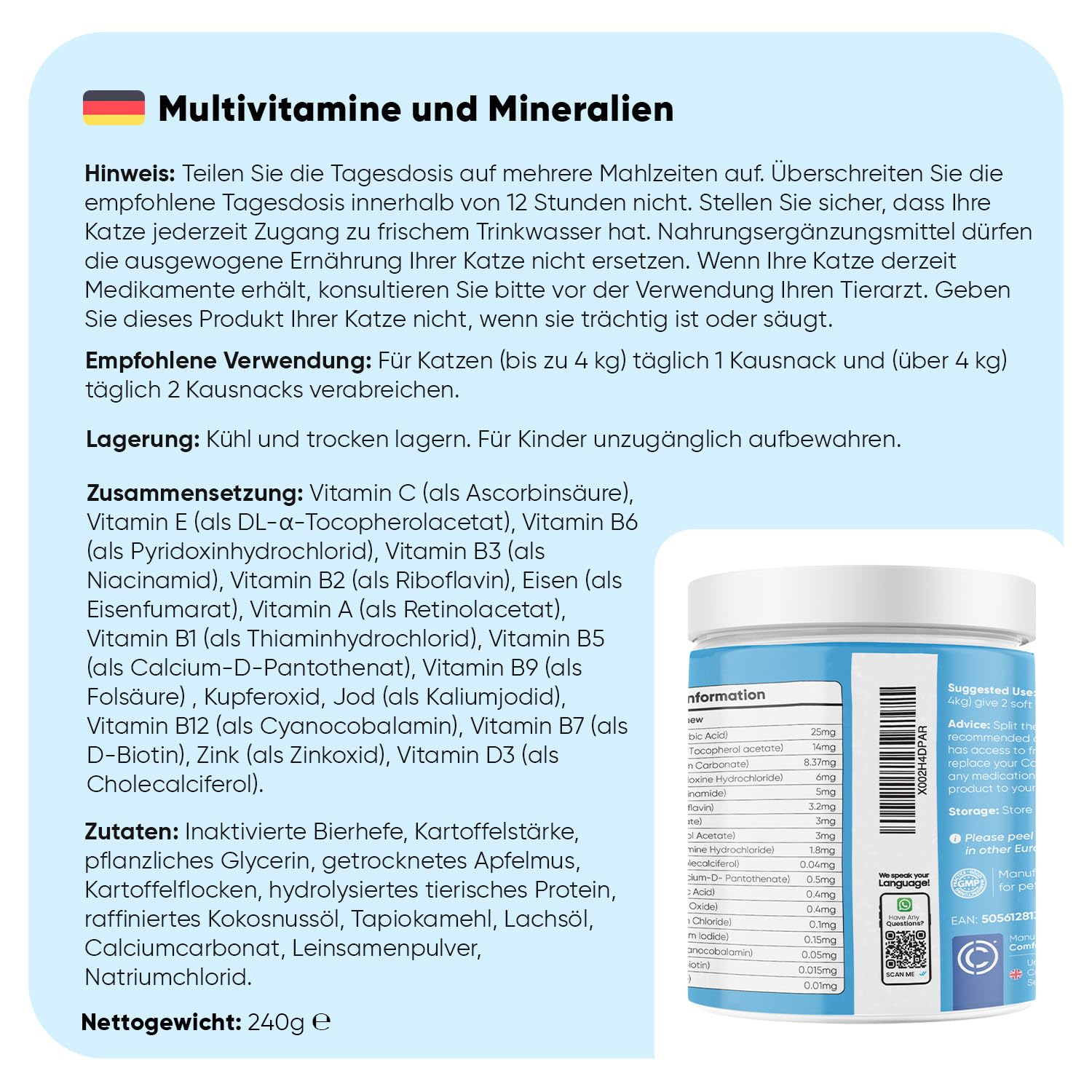 Animigo Multivitamine für Katzen - 120 Vitamine Kausnacks - Mit Vitamin B Komplex(Biotin, Folsäure), C, D3, Kalzium, Eisen, Kupfer, Jod, Zink - 18 Mineralien & Vitamine für Katzen & Kätzchen Immunität