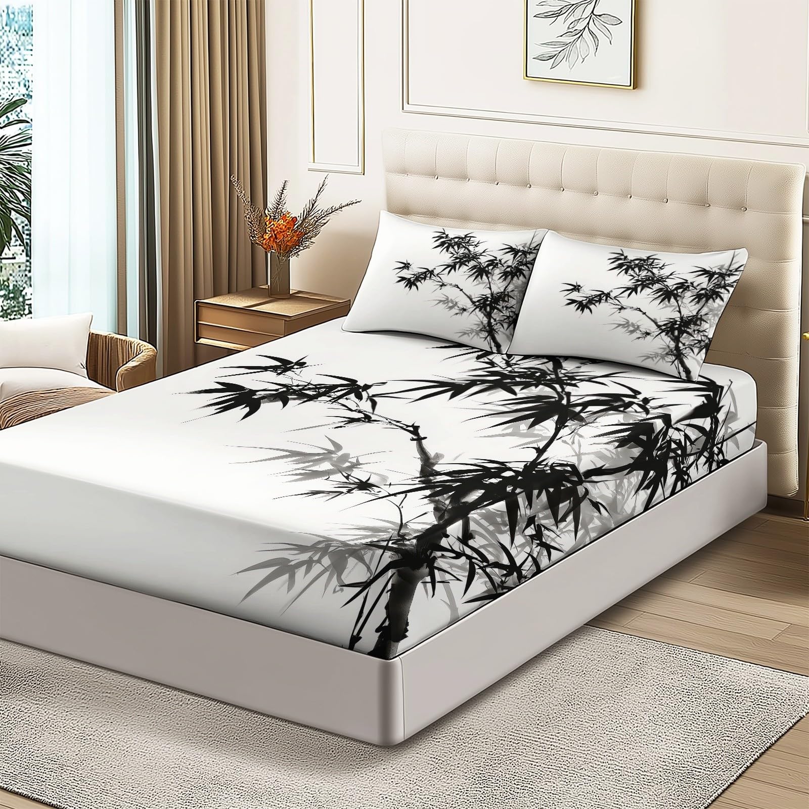 sábana Ajustable Bambú de Tinta, Estilo Tradicional Chino Juego de Sabanas Estampadas 3 Piezas 180 x 200 cm Algodón Poliéster, Bajera, Funda de Almohada 100% Microfibra Negro