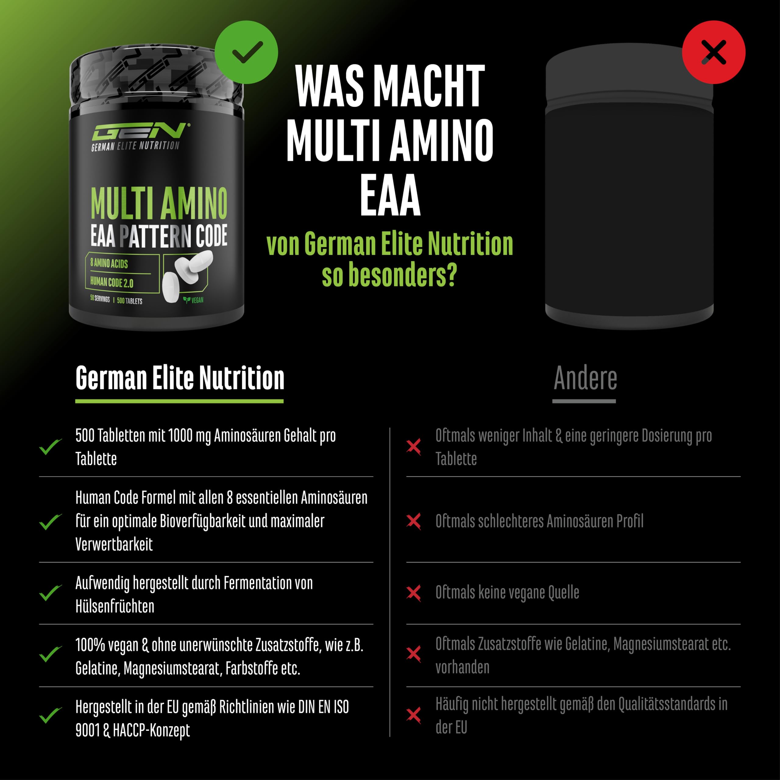 GEN GERMAN ELITE NUTRITION EAA Multi Amino - 500 Tabletten - je 1000 mg | Alle 8 essentielle Aminosäuren in der Human Code Formel, pflanzliche Fermentation, Hochdosiert, vegan, laborgeprüft