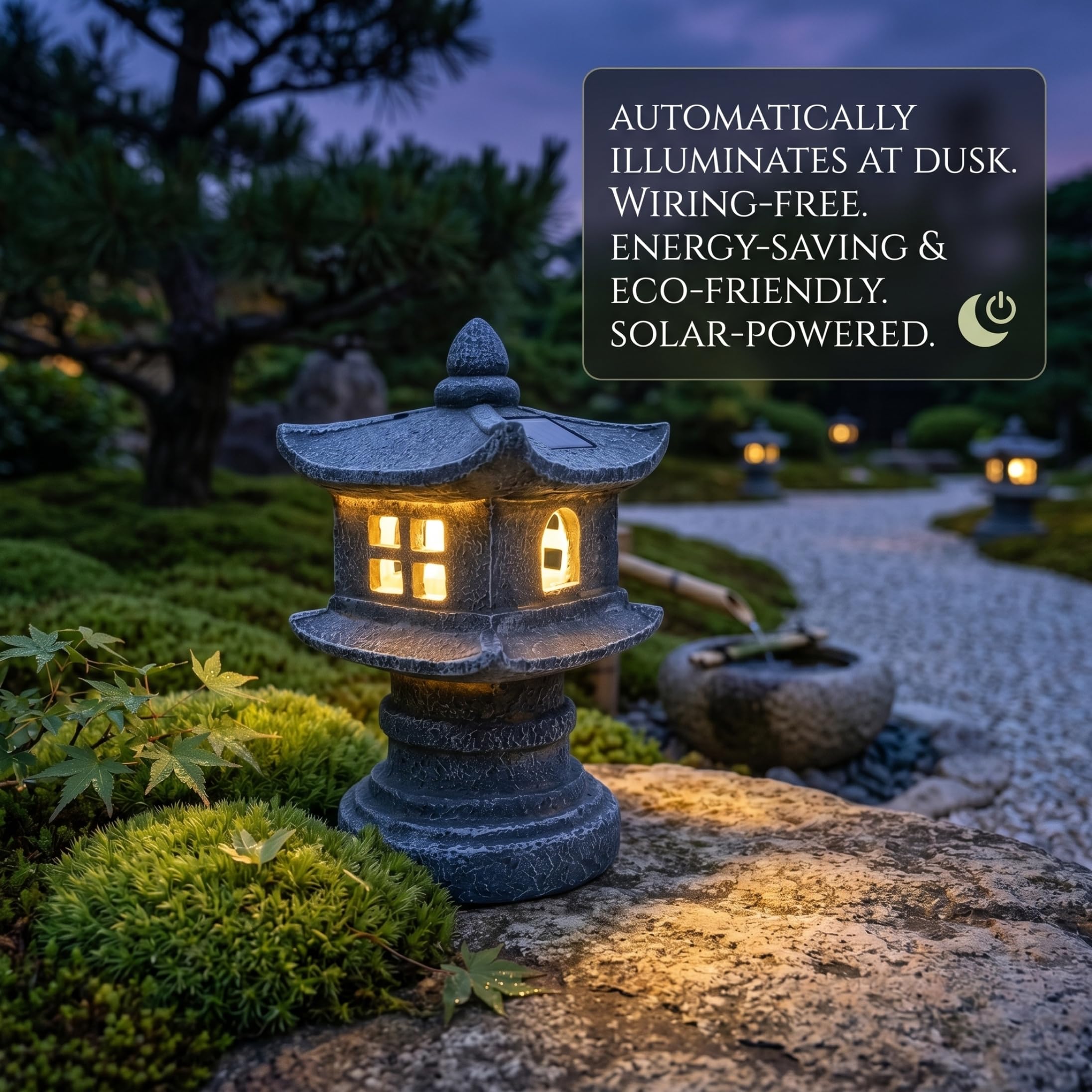 Statua da giardino con pagoda grigia solare, lanterna ad energia solare per l'arredamento del patio, ornamento del giardino Zen, luce notturna per esterni
