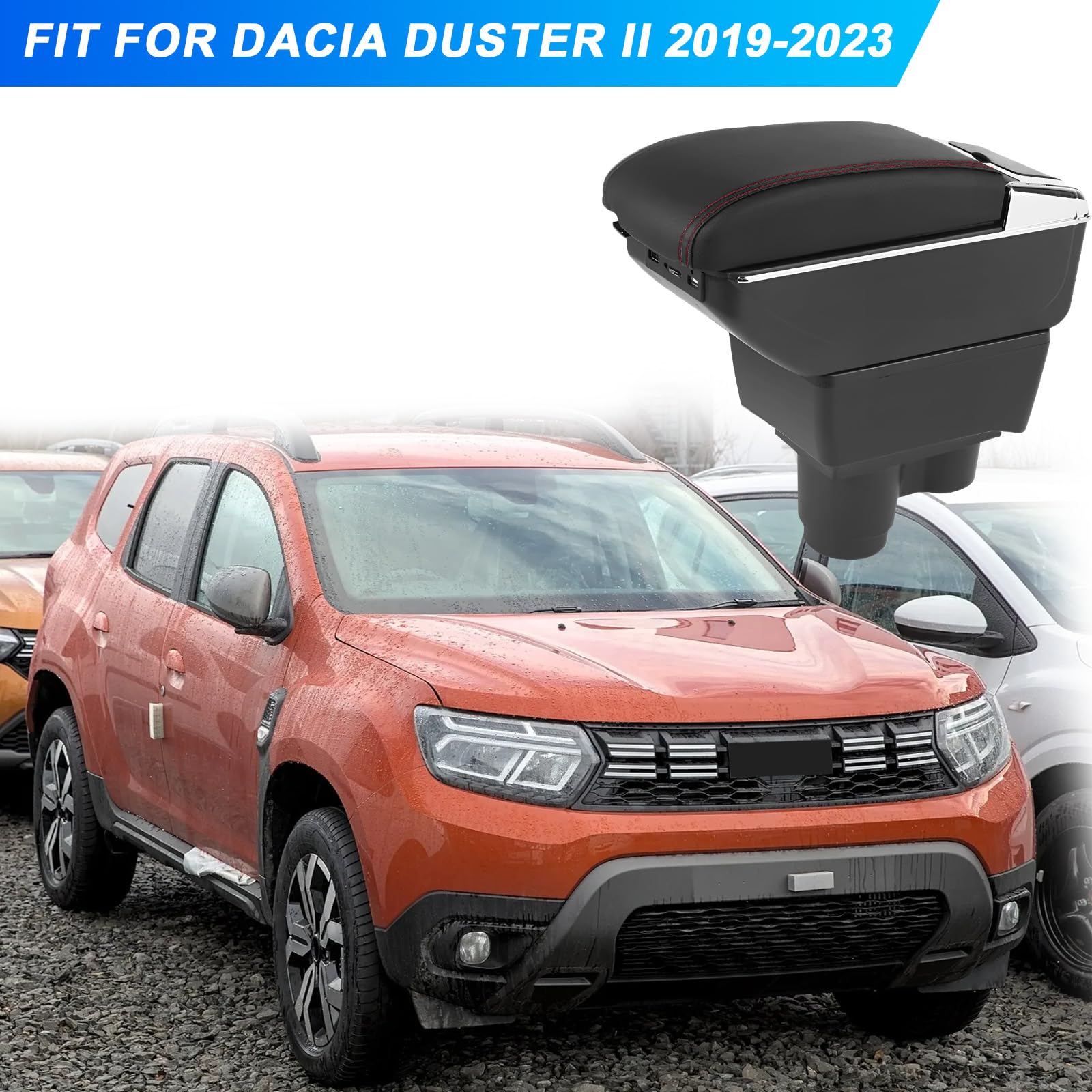 Bracciolo compatibile con Dacia Duster II 2019-2023, bracciolo centrale con 7 USB a doppio strato, scatola portaoggetti in pelle nera, linea rossa