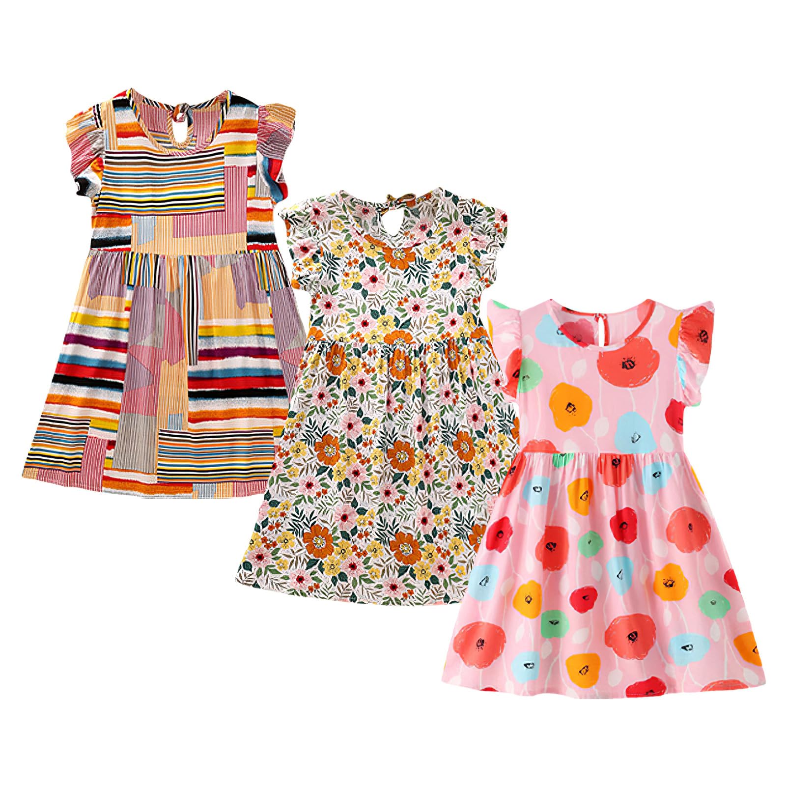 amropi Lot de 3 Robe Fille Fleurs Imprimée Coton Manches Volantes Casual Été Robe pour 1-12 Ans