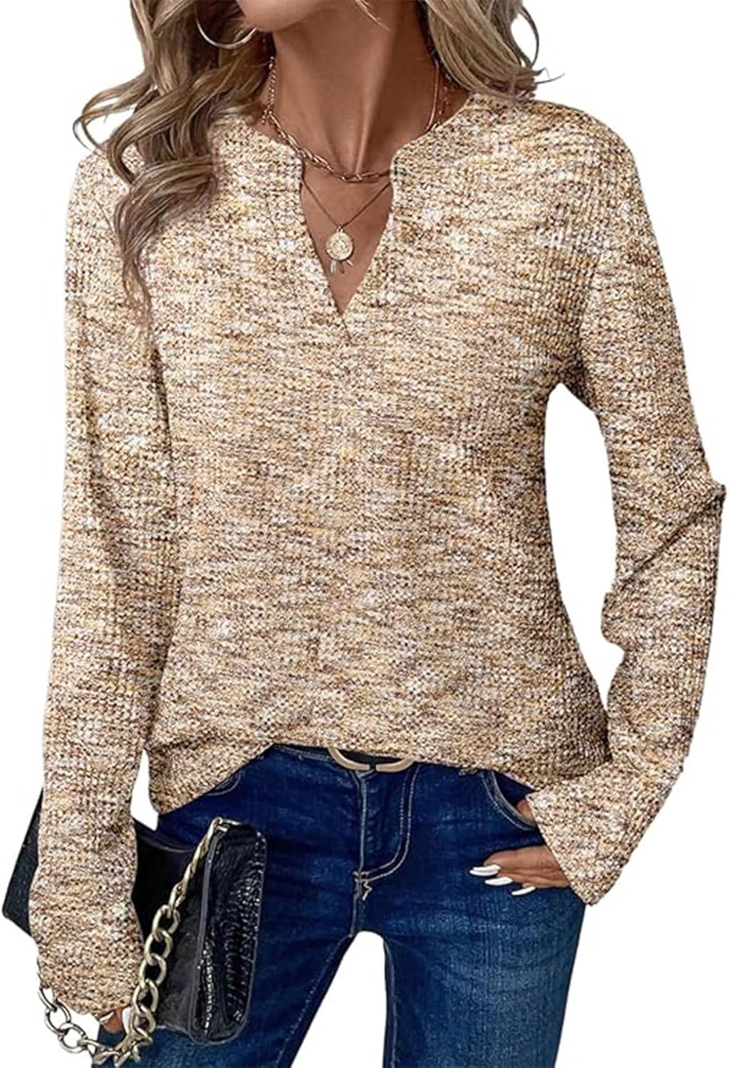 KIRUNDO Waffle Knit Tops V Neck Long Sleeve Blouses for Women Dressy Casual Henley Work Shirts 2025 Fall Clothes Fashion