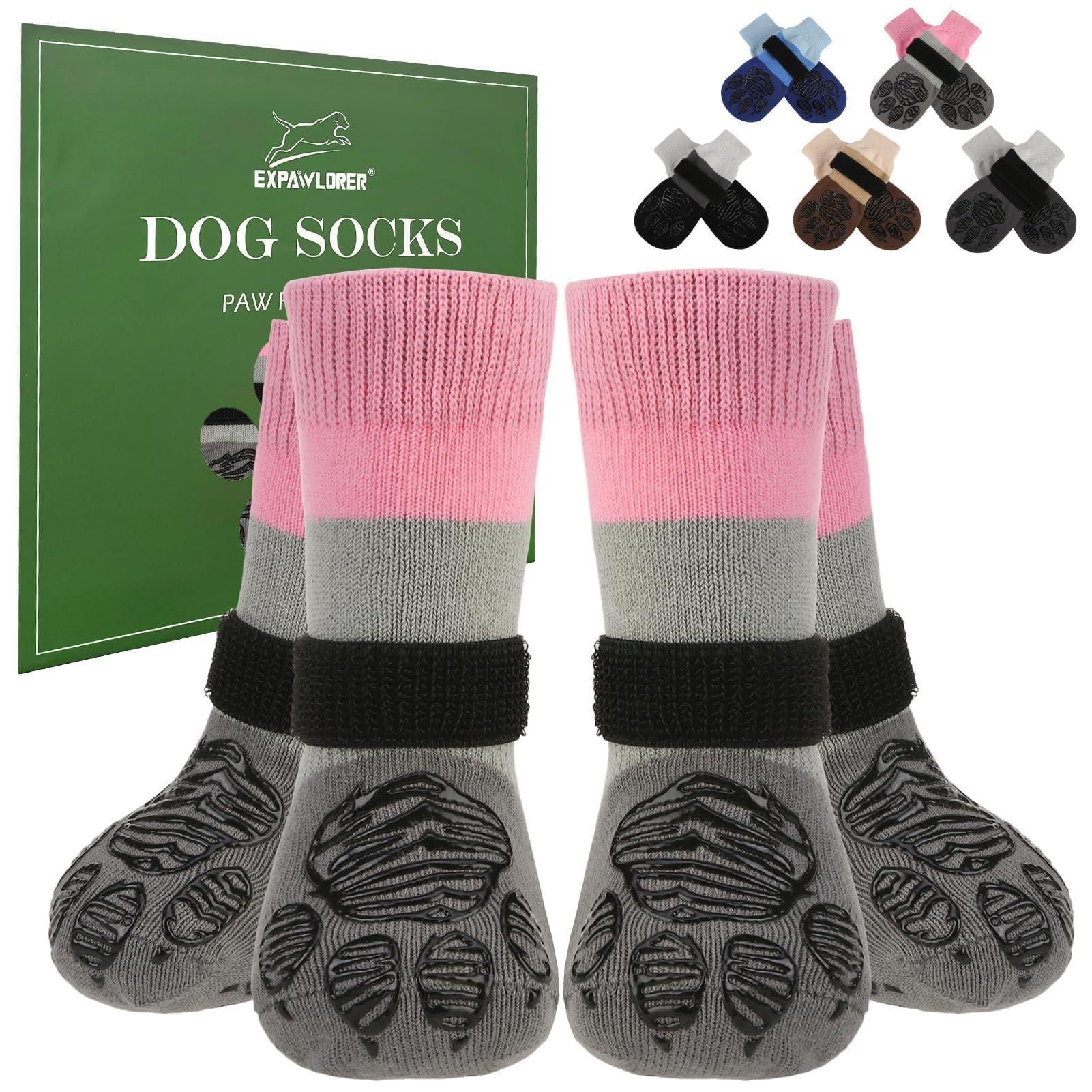 EXPAWLORER 2 Paar Hundesocken Anti-Rutsch doppelseitig zum Leckschutz mit verstellbaren Riemen für den Innenbereich, rutschfeste Hunde Socken Pfotenschutz Hund Verletzung Hundeschuhe, Rosa L