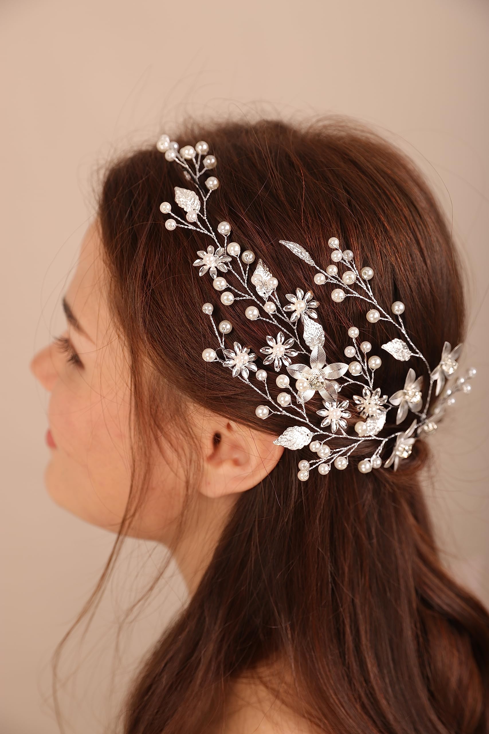 BERYUAN Wedding Pearls Crystal Rhinestone Headband Silver Leaf Flowers Bride Hair Vine Women Girls Silver Wedding Hair Accessories Silver Bride Headbnad for Wedding Women and Girls (silver) - Image 3