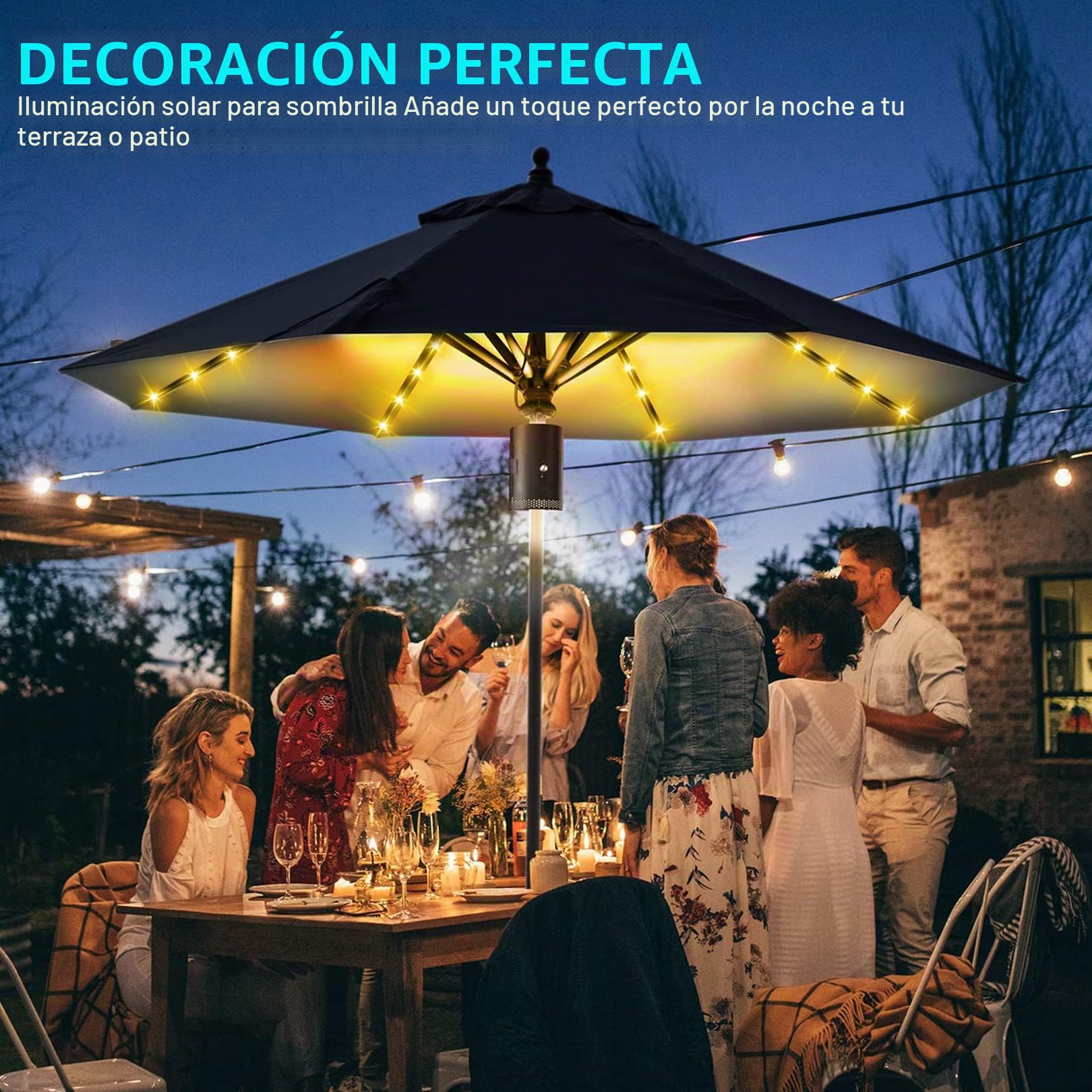 Iluminación solar para sombrilla,cadena de luces con 104 luces LED y mando a distancia de 8 modos,IP67,resistente al agua,para decoración de sombrillas,tiendas de campaña,para interior y exterior