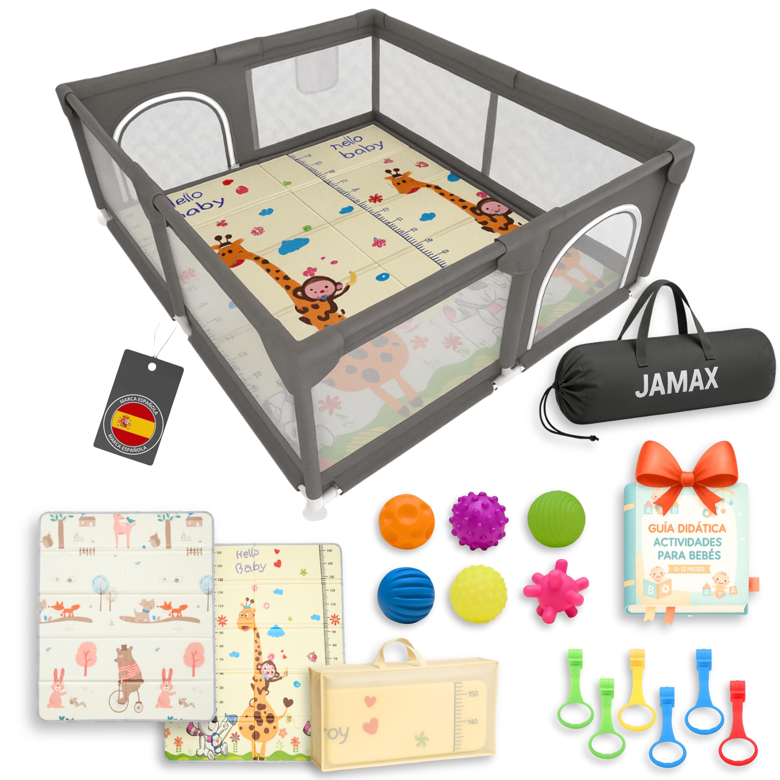 JAMAX Parque Infantil Bebe 150x180 | Corralito bebe | Parque bebe Alfombra Acolchada Reversible 1,5 cm de Grosor + 6 Pelotas Sensoriales +6 Agarraderas + Bolsa transporte (150 x 180)