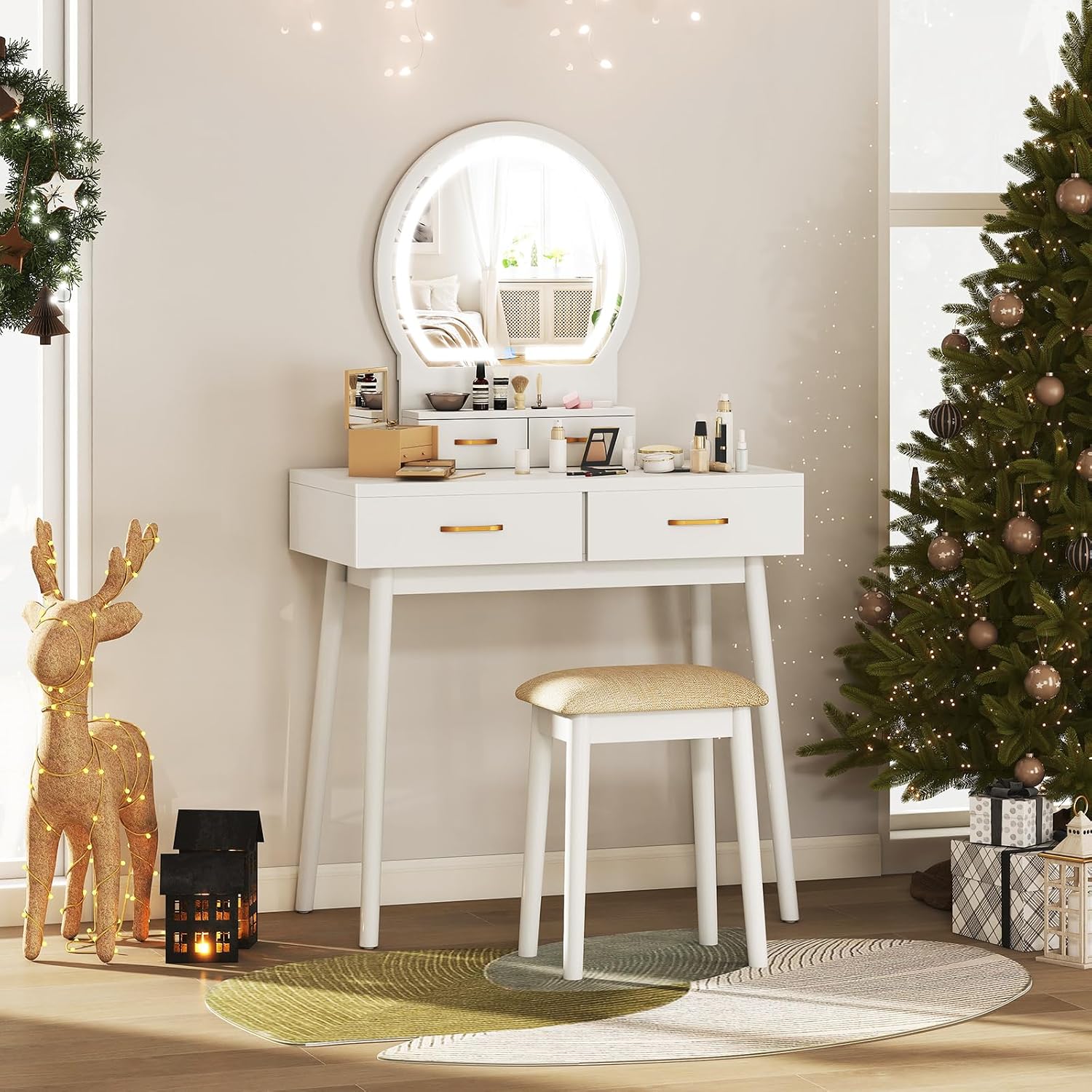LOKO Vanity Desk Set with LED Lighted Mirror, Makeup Table & Chair Set with 3-Color Dimmable Lights, 4 Drawers & Open Shelf, Dressing Table with Upholstered Stool for Bedroom (White)
