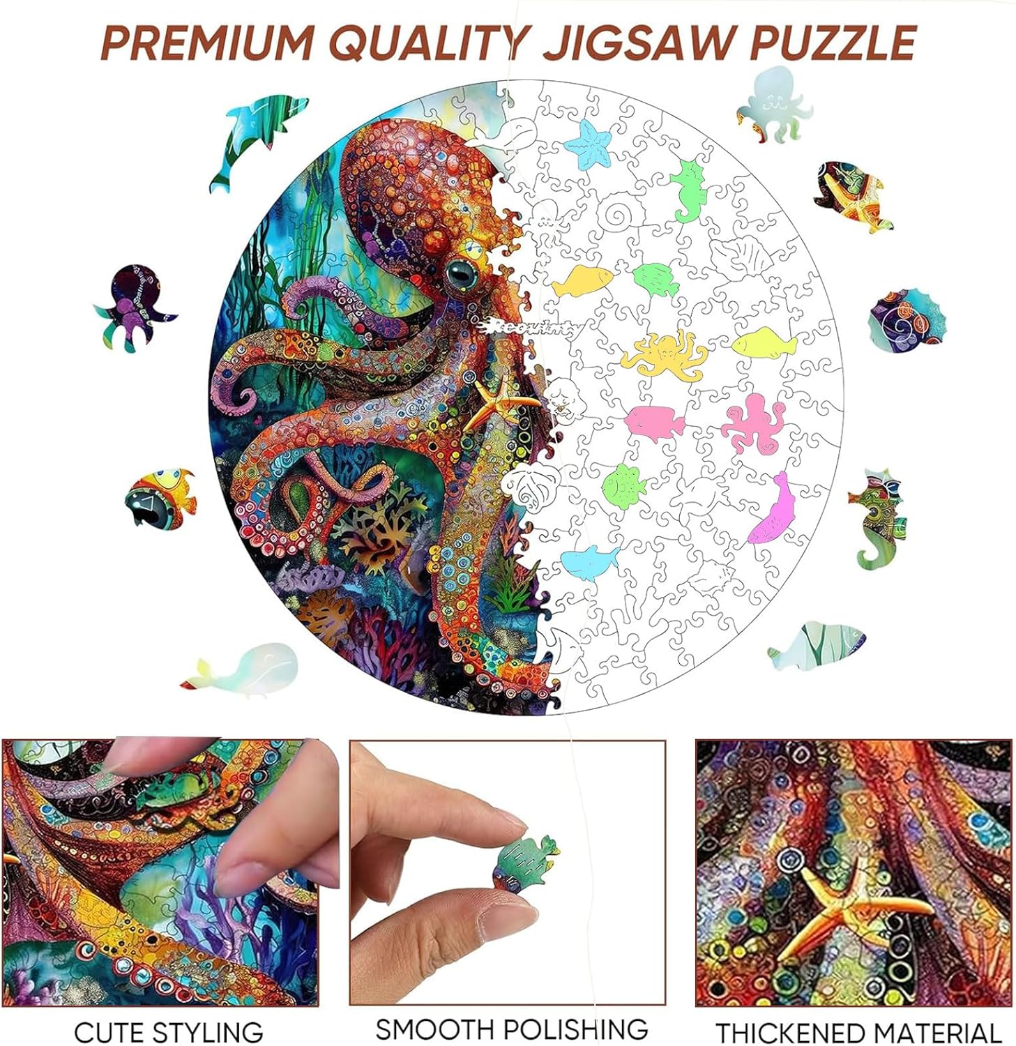 Reouinty Wooden Puzzle for Adults 500 Piece, Octopus Ocean Jigsaw Puzzles, Unique Shape Animal Adult Puzzles, Beautiful Wall Decor, Wood Creative Gift for Adults and Kids Family Game 15.6x15.6 in