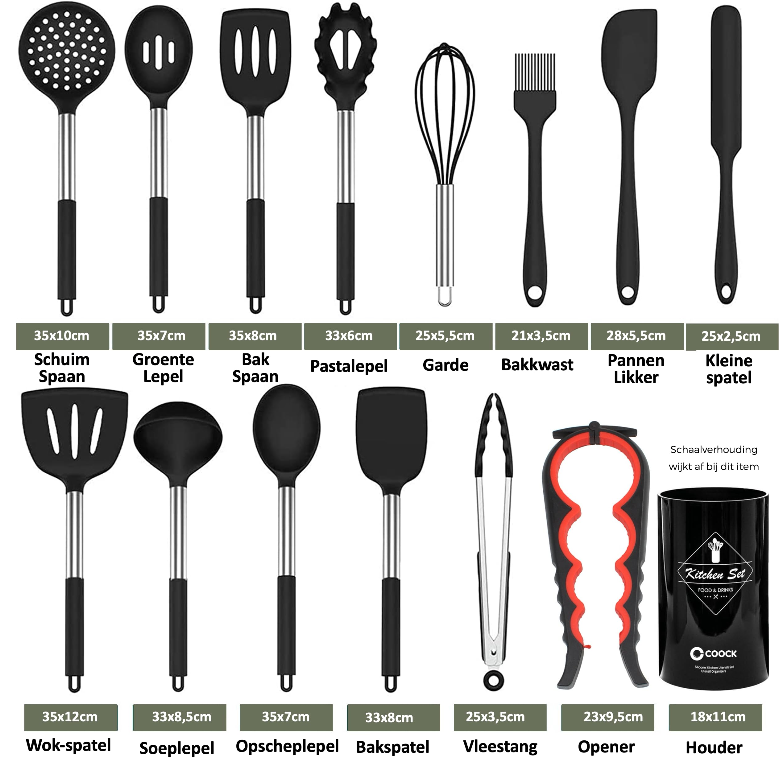 Set di 26 utensili da cucina XL con supporto – nero | Strumenti in silicone resistenti al calore e supporto in acciaio inox senza BPA, lavabili in lavastoviglie, sicuri antiaderenti, di alta