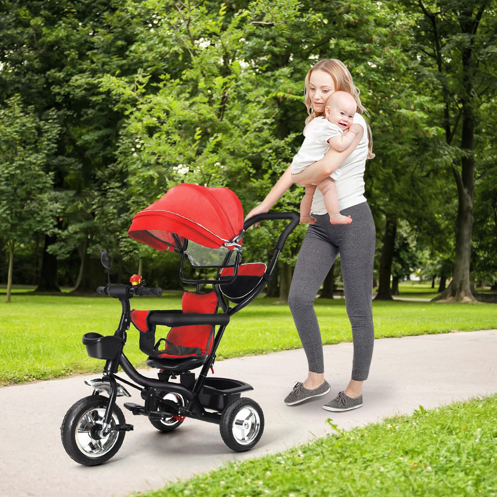 Tricycle avec Barre de poussée, pour Enfant dès 1 an, avec Barre coulissante, auvent, Repose-Pieds Amovible et siège réversible, pneus en Caoutchouc Anti-éclatement 4 en 1